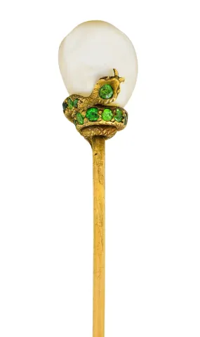 Tiffany & Co. Victorian Baroque Pearl Demantoid Garnet 14 Karat Gold Snake Stickpin