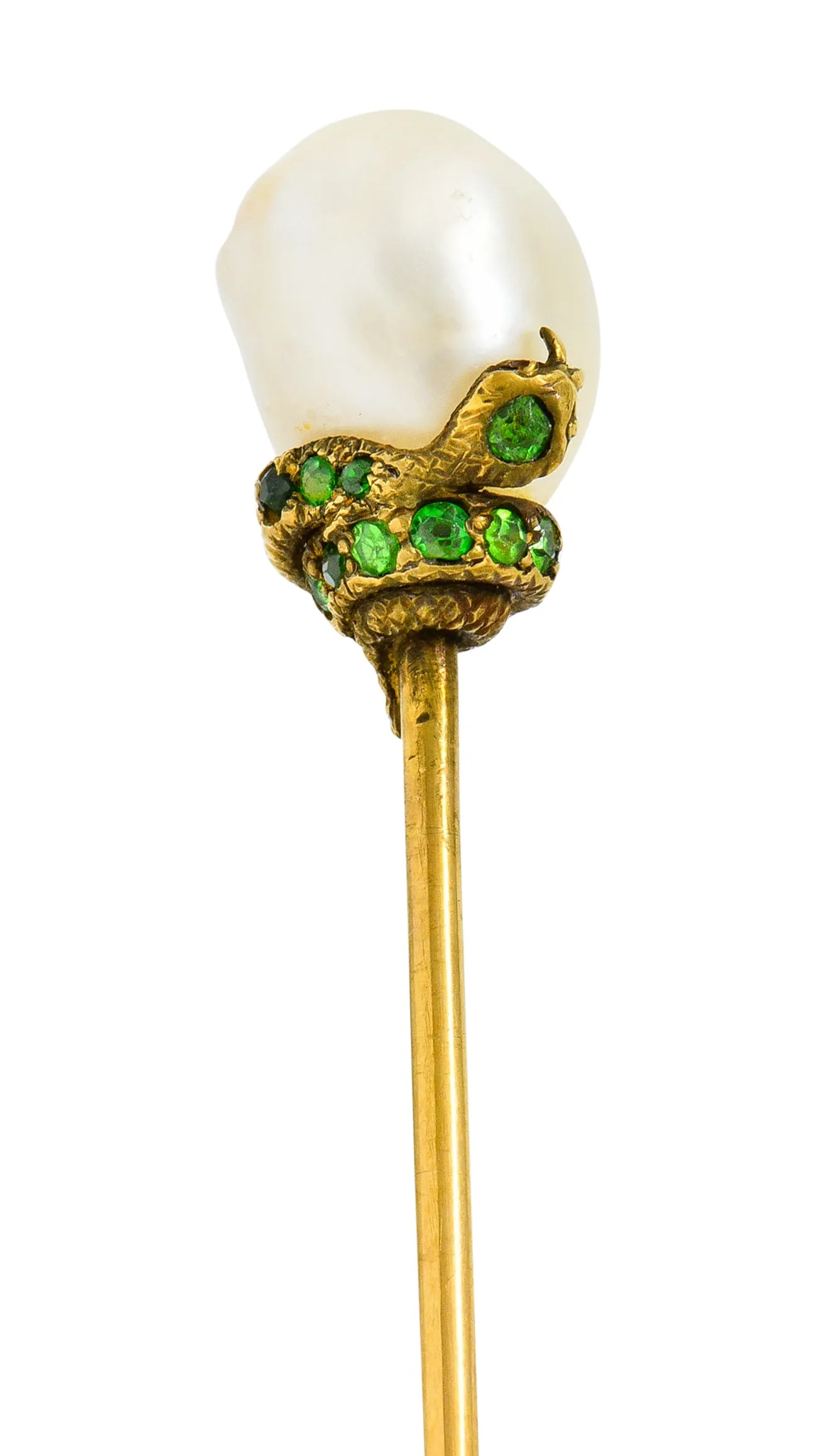 Tiffany & Co. Victorian Baroque Pearl Demantoid Garnet 14 Karat Gold Snake Stickpin