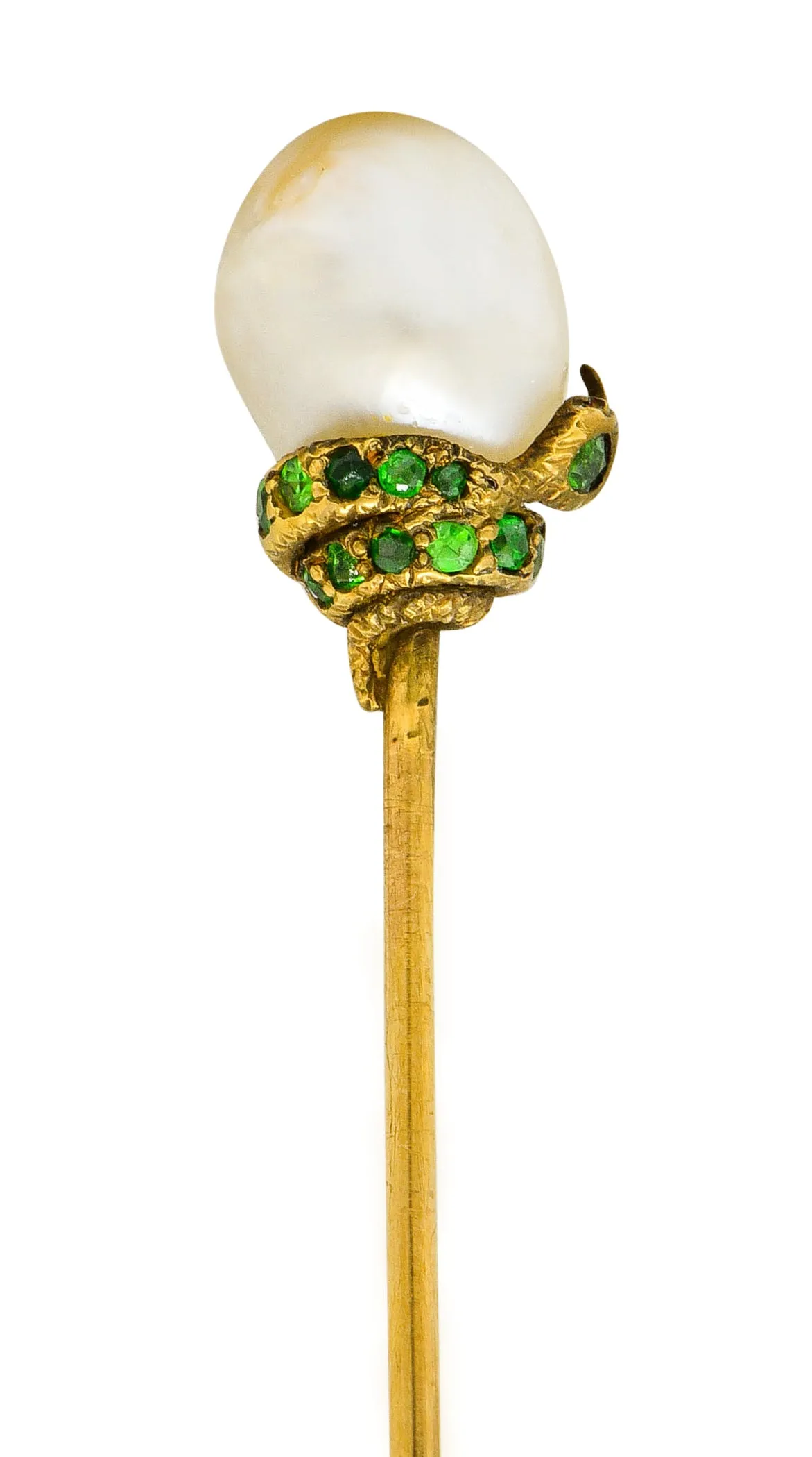 Tiffany & Co. Victorian Baroque Pearl Demantoid Garnet 14 Karat Gold Snake Stickpin