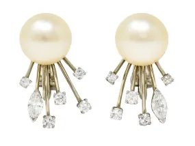 Trabert & Hoeffer Mid-Century Diamond South Sea Pearl Platinum Burst Vintage Ear-Clip Earrings