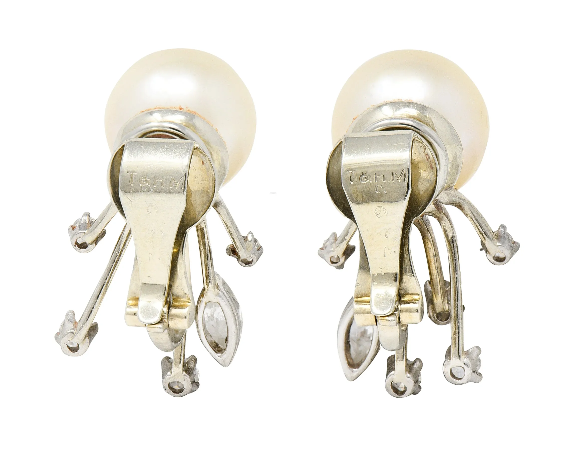 Trabert & Hoeffer Mid-Century Diamond South Sea Pearl Platinum Burst Vintage Ear-Clip Earrings