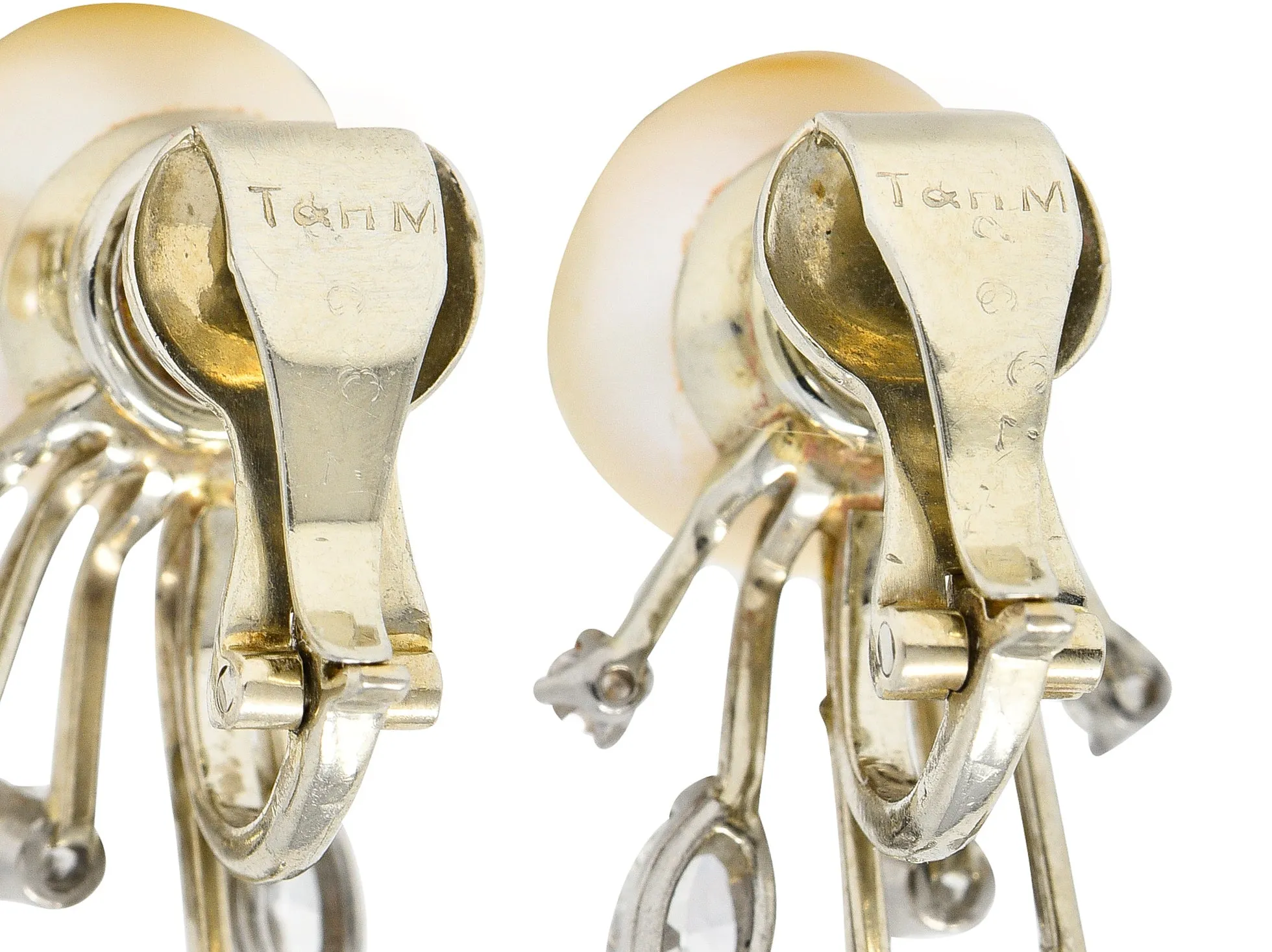 Trabert & Hoeffer Mid-Century Diamond South Sea Pearl Platinum Burst Vintage Ear-Clip Earrings