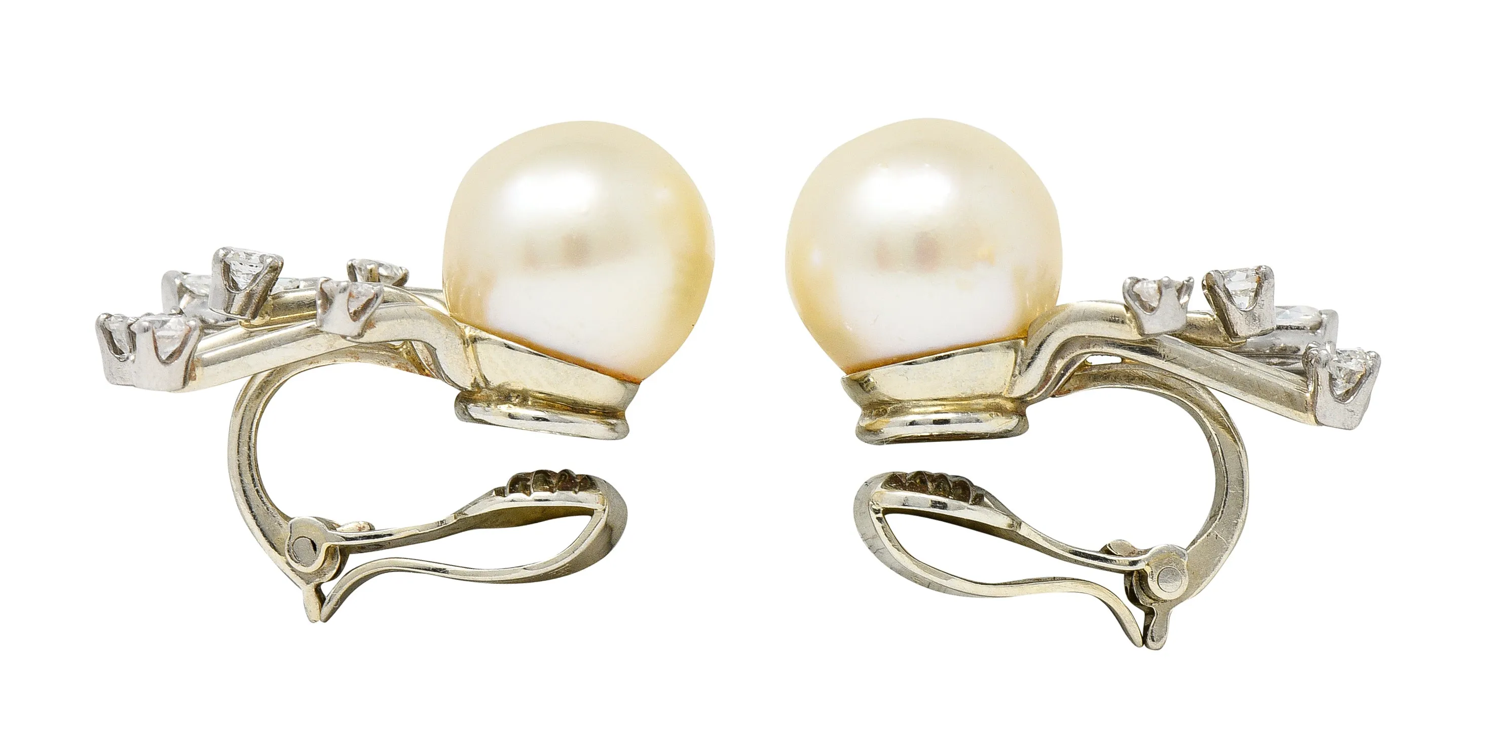 Trabert & Hoeffer Mid-Century Diamond South Sea Pearl Platinum Burst Vintage Ear-Clip Earrings