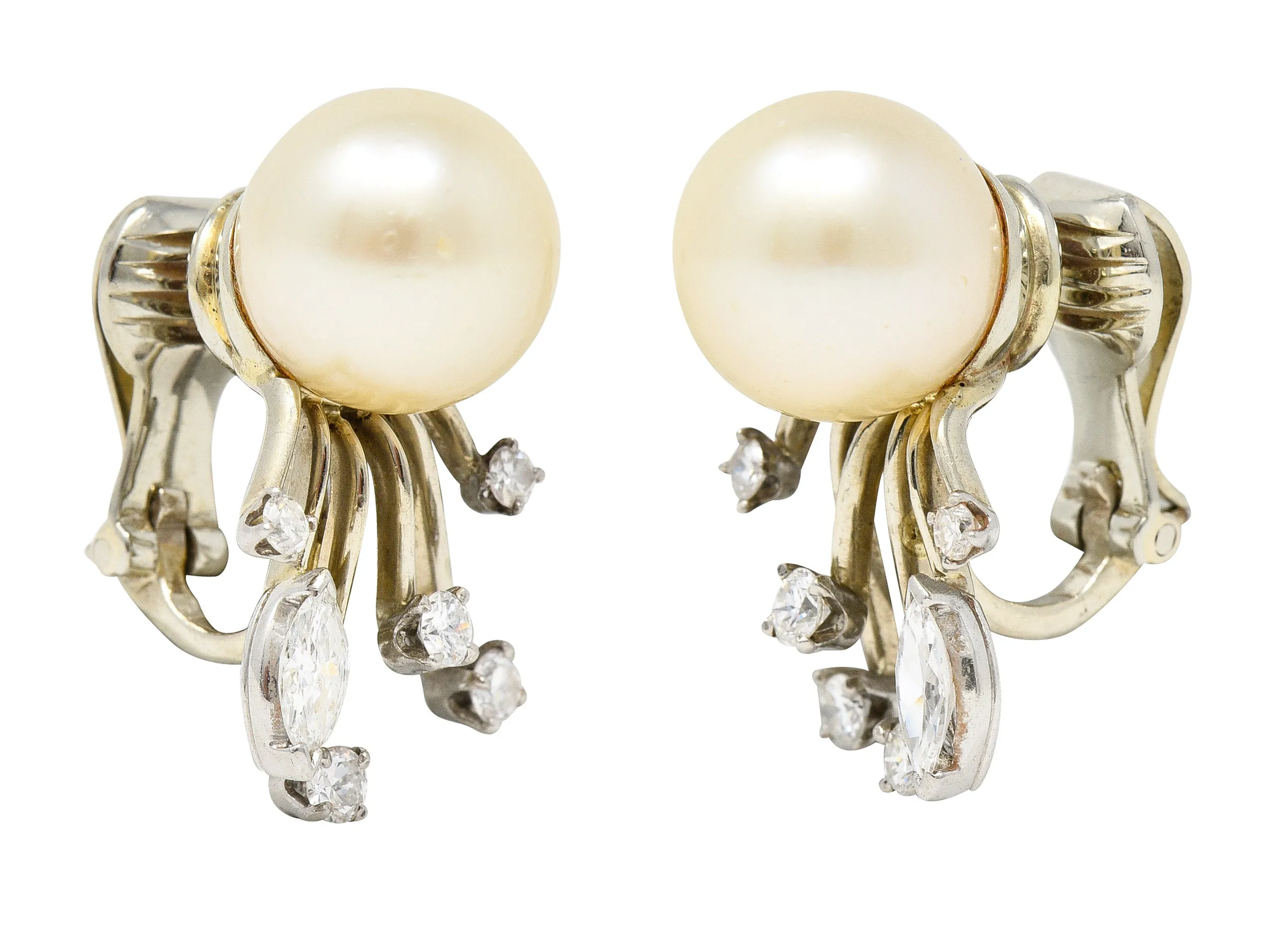 Trabert & Hoeffer Mid-Century Diamond South Sea Pearl Platinum Burst Vintage Ear-Clip Earrings