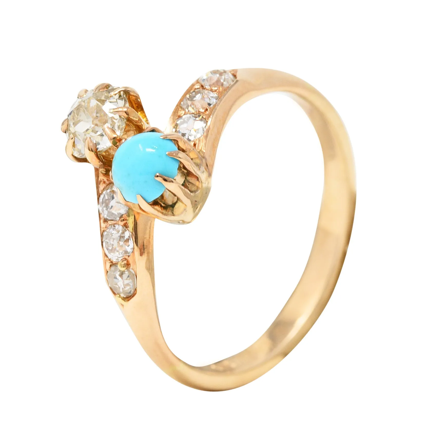 Victorian 0.46 CTW Old Mine & Old European Cut Diamond Turquoise 14 Karat Yellow Gold Toi Et Moi Antique Bypass Ring