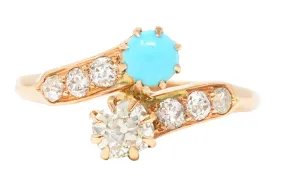 Victorian 0.46 CTW Old Mine & Old European Cut Diamond Turquoise 14 Karat Yellow Gold Toi Et Moi Antique Bypass Ring