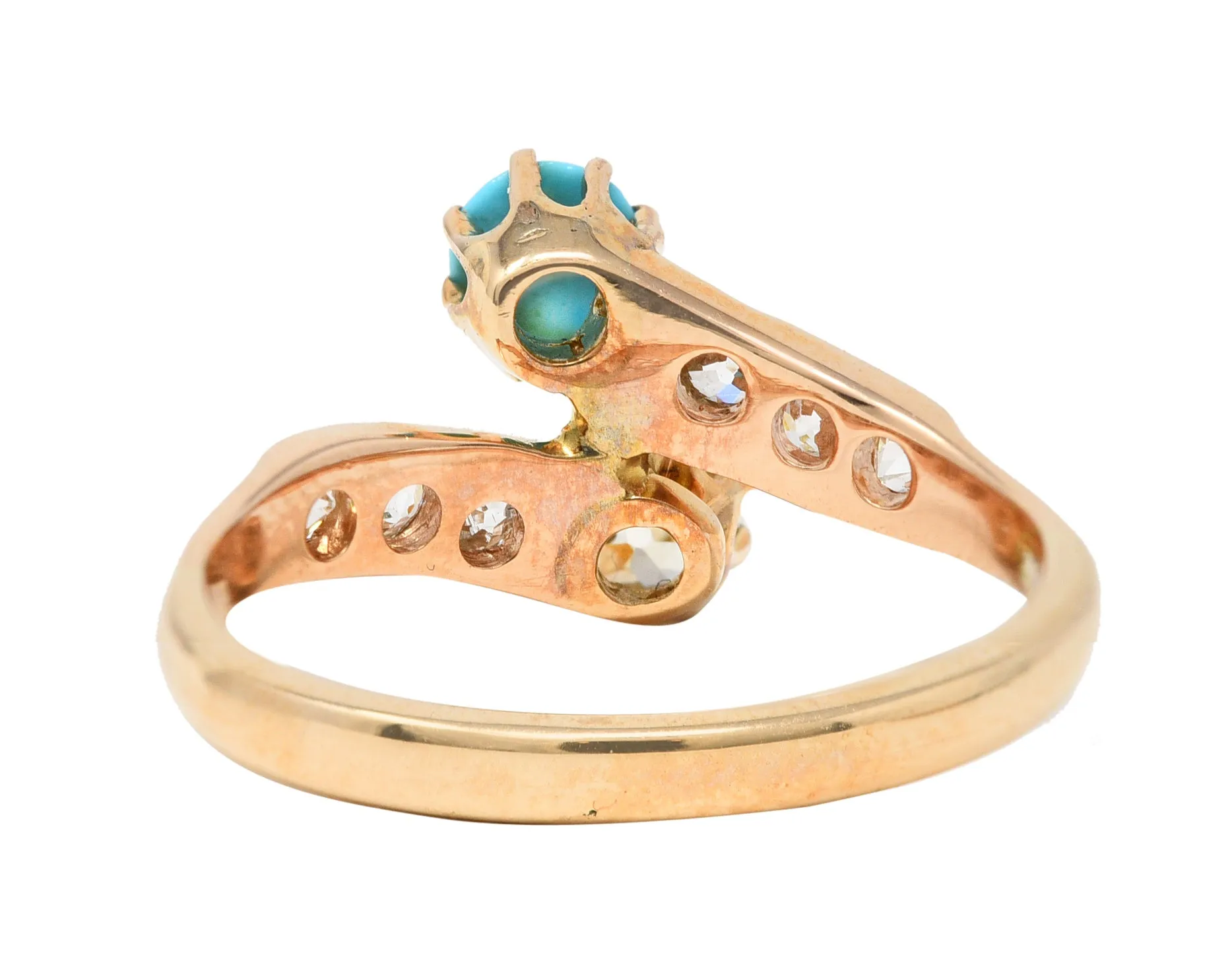 Victorian 0.46 CTW Old Mine & Old European Cut Diamond Turquoise 14 Karat Yellow Gold Toi Et Moi Antique Bypass Ring