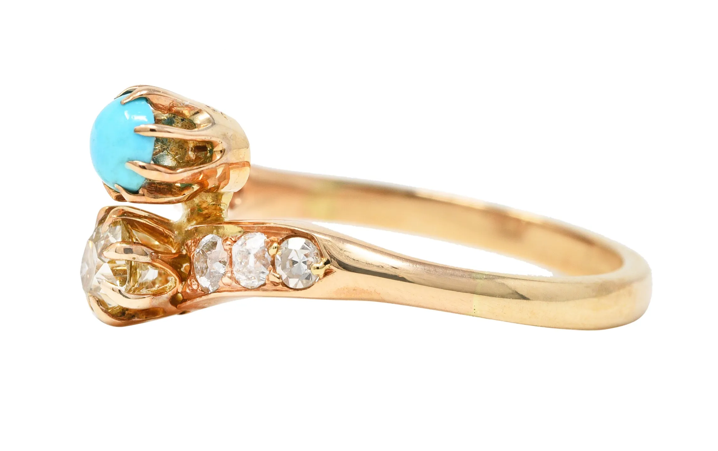 Victorian 0.46 CTW Old Mine & Old European Cut Diamond Turquoise 14 Karat Yellow Gold Toi Et Moi Antique Bypass Ring