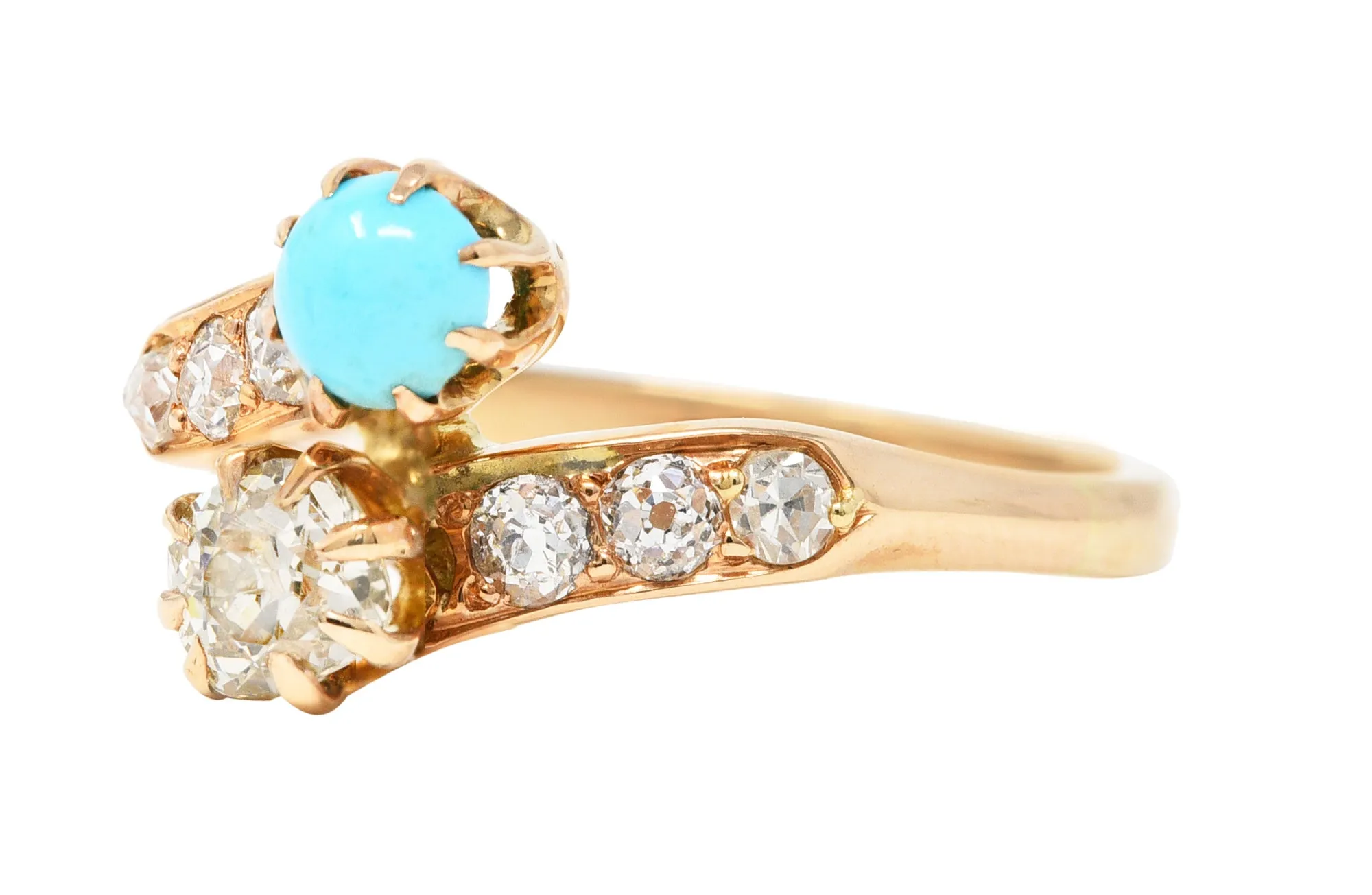 Victorian 0.46 CTW Old Mine & Old European Cut Diamond Turquoise 14 Karat Yellow Gold Toi Et Moi Antique Bypass Ring