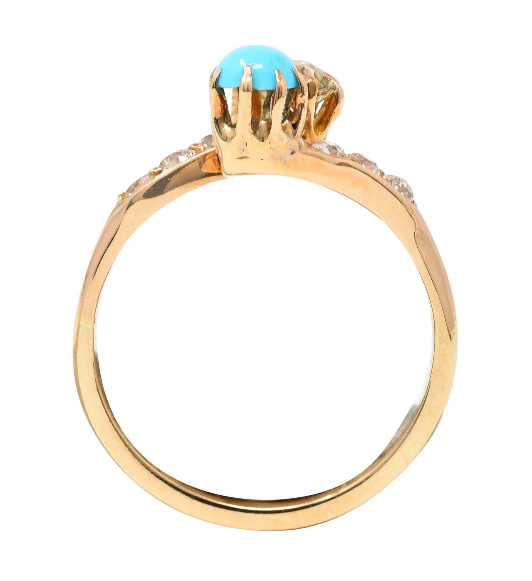 Victorian 0.46 CTW Old Mine & Old European Cut Diamond Turquoise 14 Karat Yellow Gold Toi Et Moi Antique Bypass Ring