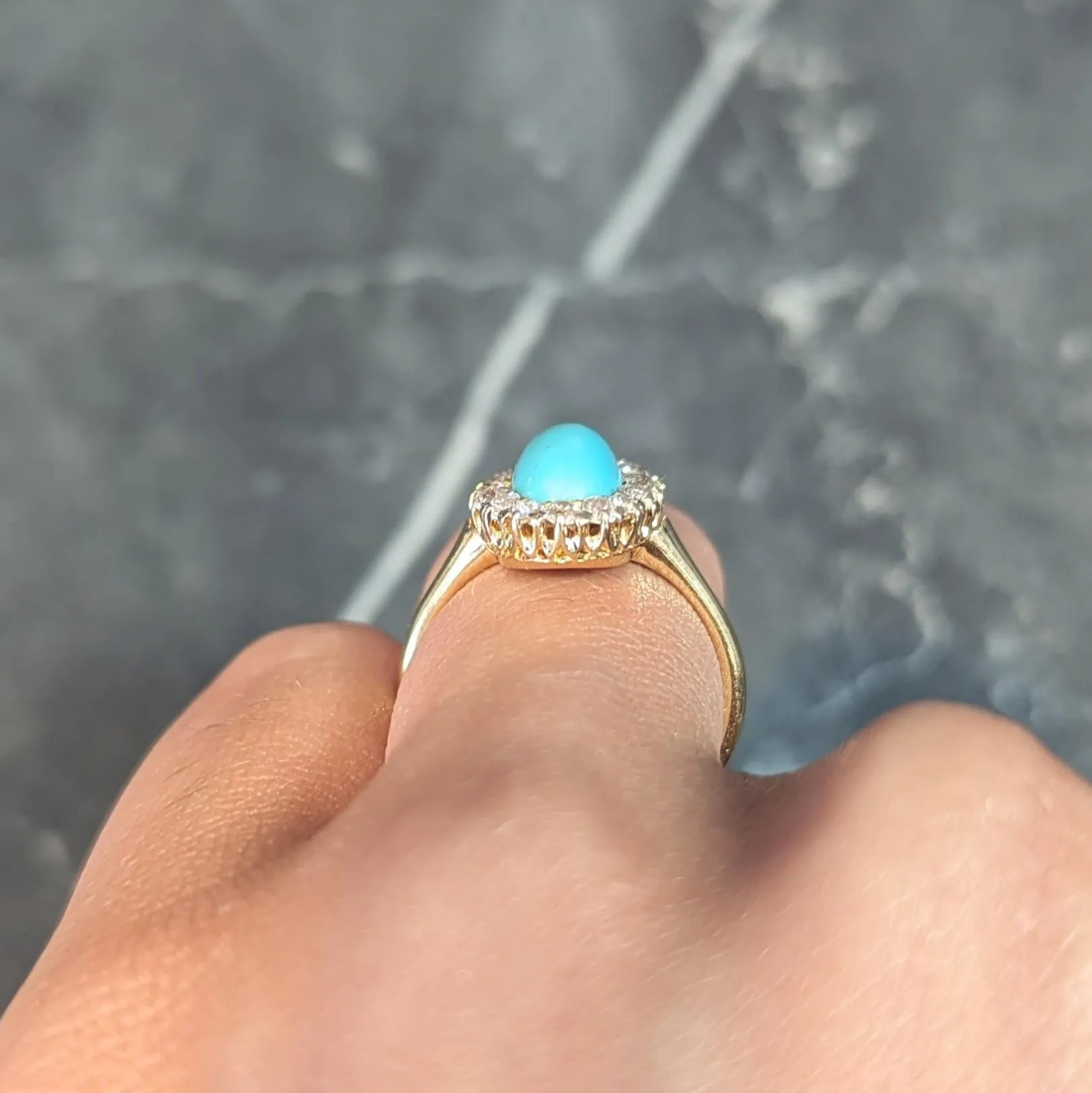 Victorian 0.72 CTW Diamond Turquoise 18 Karat Yellow Gold Antique Halo Ring