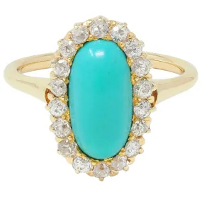 Victorian 0.72 CTW Diamond Turquoise 18 Karat Yellow Gold Antique Halo Ring