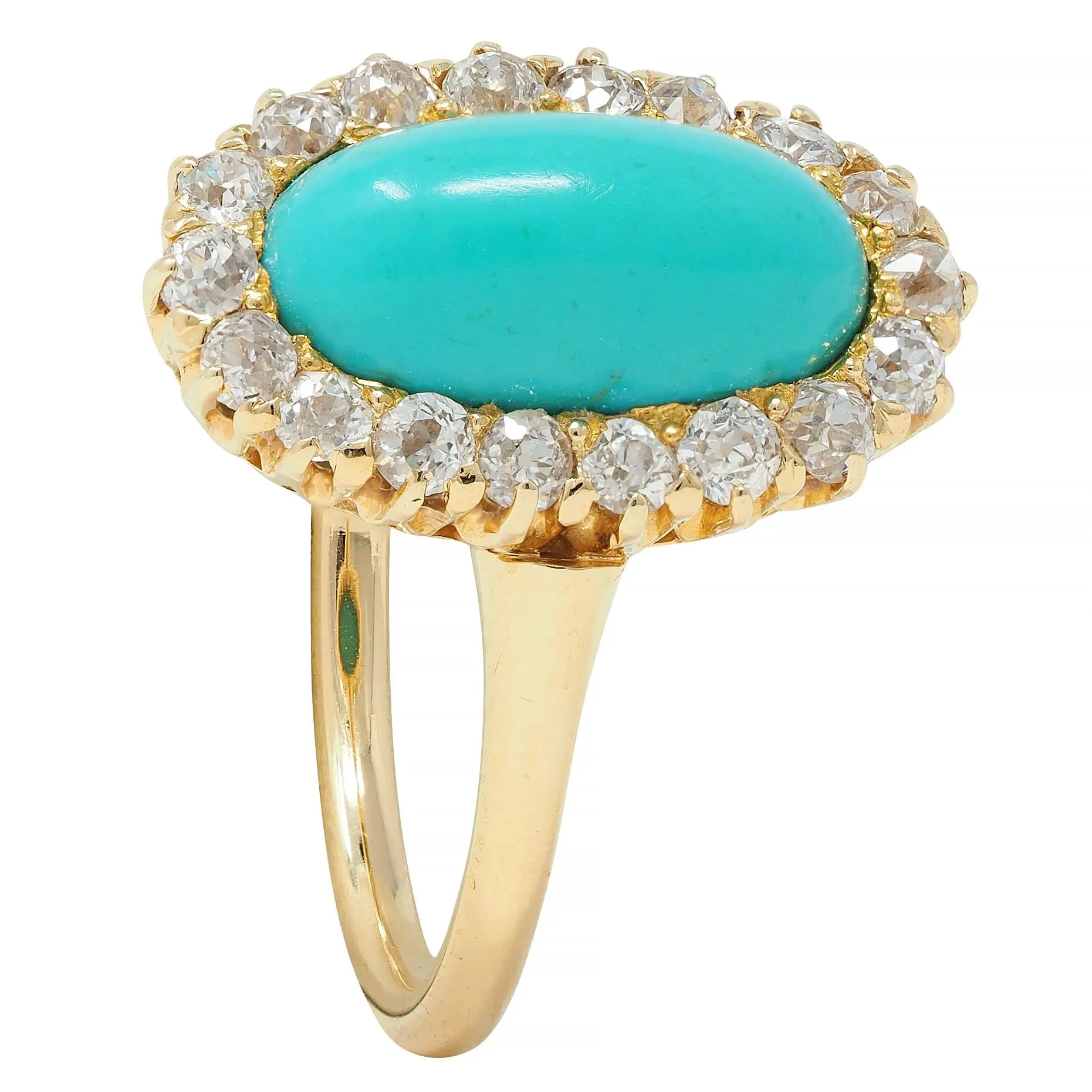 Victorian 0.72 CTW Diamond Turquoise 18 Karat Yellow Gold Antique Halo Ring