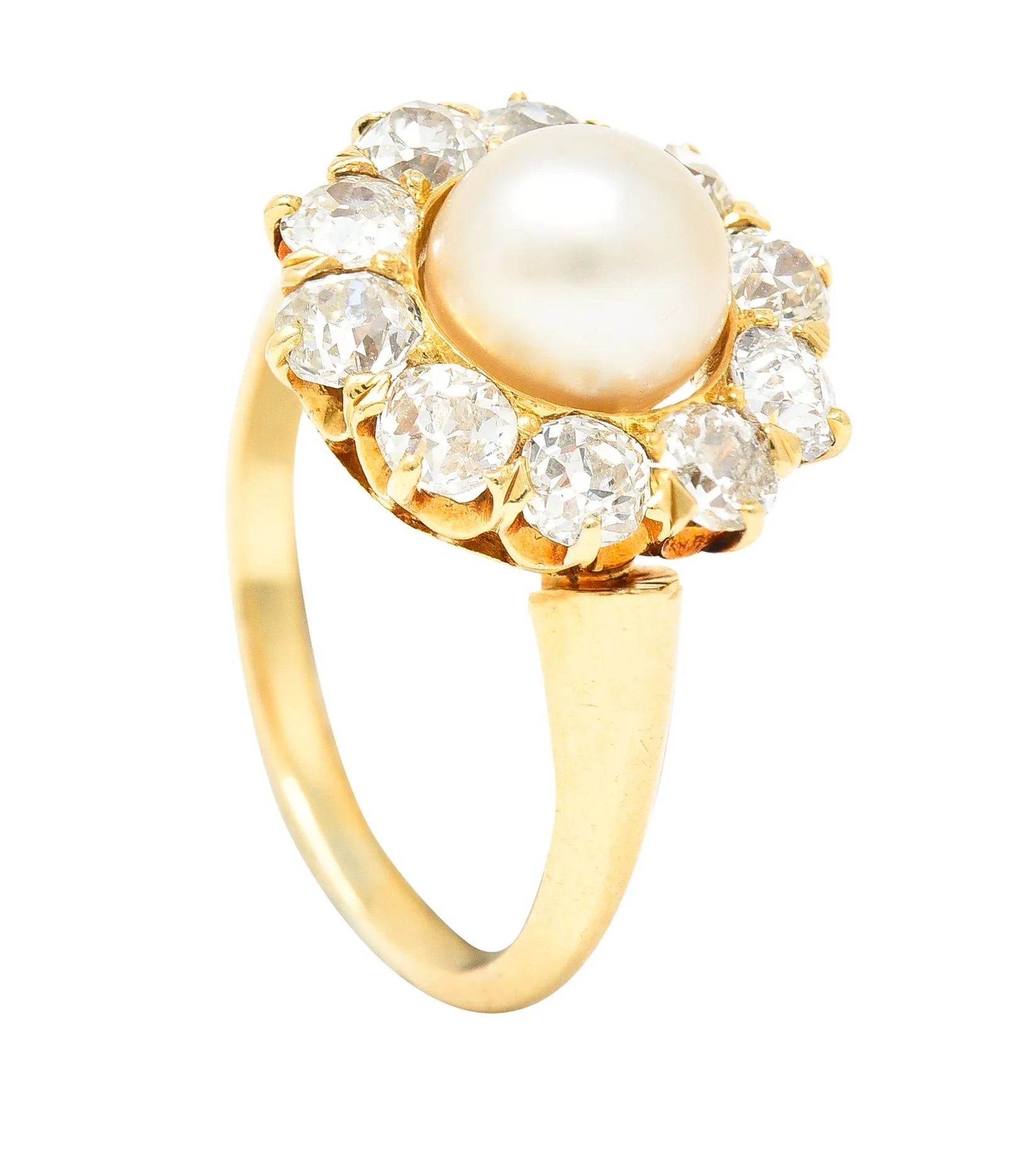 Victorian 0.80 CTW Old Mine Cut Diamond Natural Pearl 18 Karat Yellow Gold Antique Cluster Ring