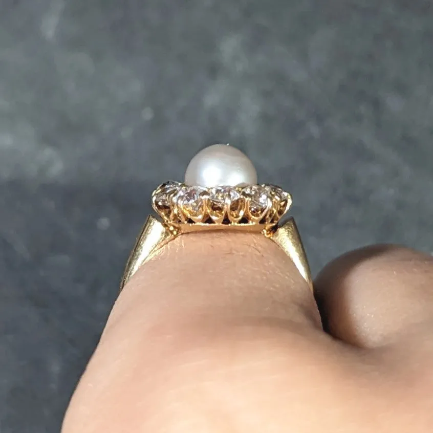 Victorian 0.80 CTW Old Mine Cut Diamond Natural Pearl 18 Karat Yellow Gold Antique Cluster Ring