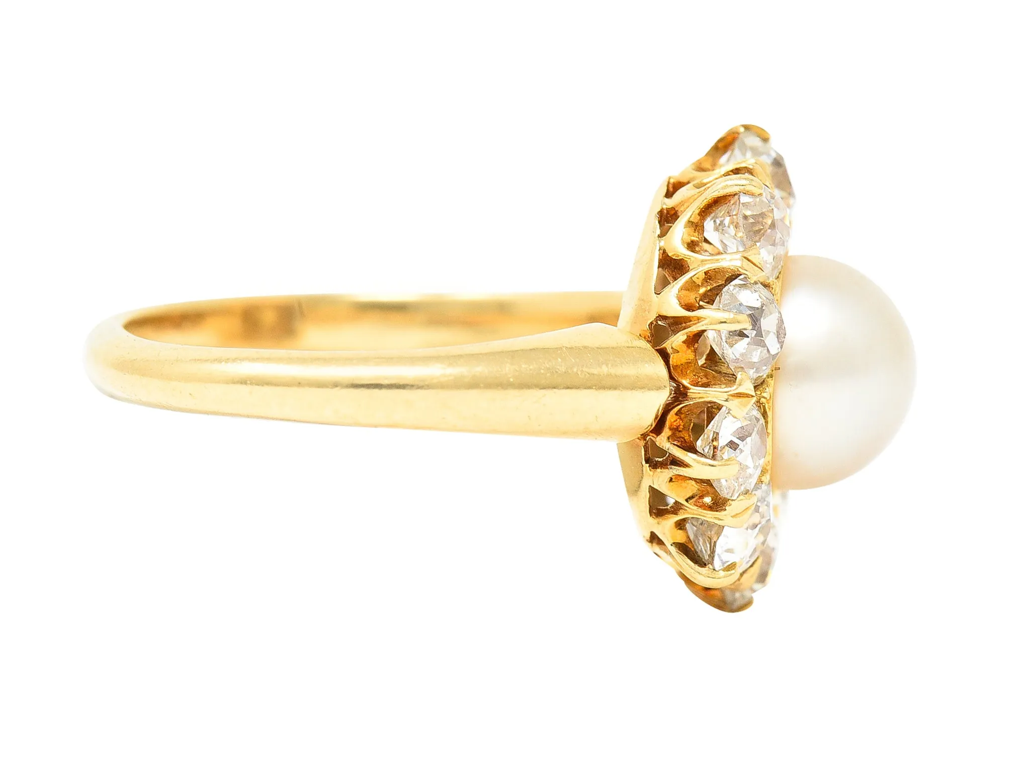 Victorian 0.80 CTW Old Mine Cut Diamond Natural Pearl 18 Karat Yellow Gold Antique Cluster Ring