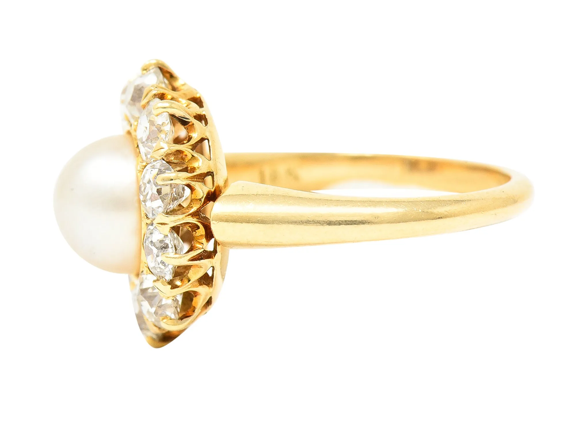 Victorian 0.80 CTW Old Mine Cut Diamond Natural Pearl 18 Karat Yellow Gold Antique Cluster Ring