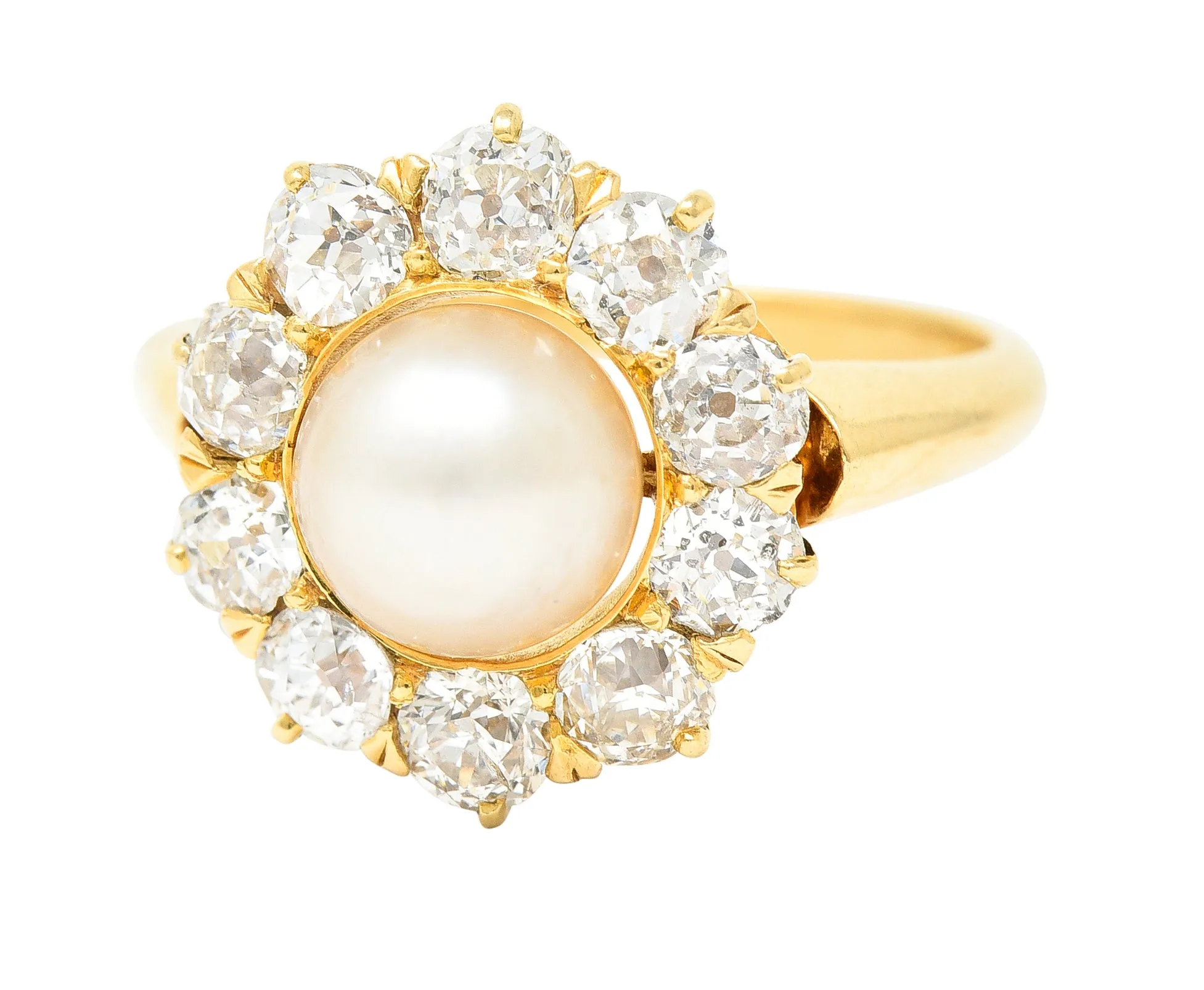 Victorian 0.80 CTW Old Mine Cut Diamond Natural Pearl 18 Karat Yellow Gold Antique Cluster Ring