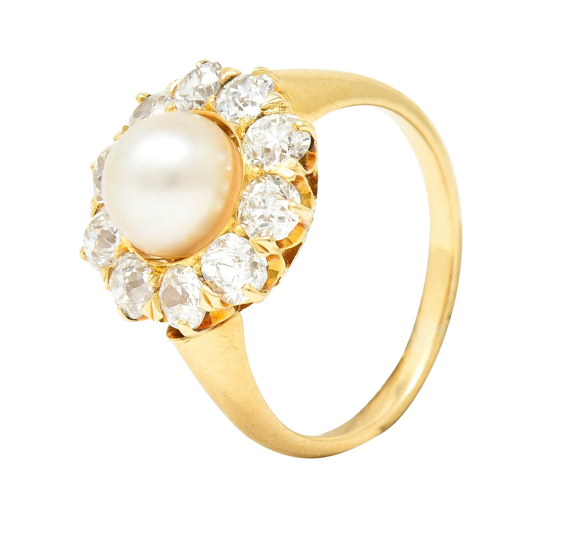 Victorian 0.80 CTW Old Mine Cut Diamond Natural Pearl 18 Karat Yellow Gold Antique Cluster Ring