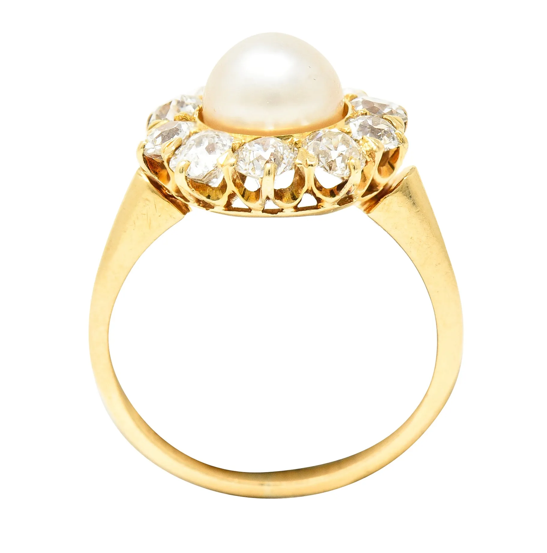 Victorian 0.80 CTW Old Mine Cut Diamond Natural Pearl 18 Karat Yellow Gold Antique Cluster Ring