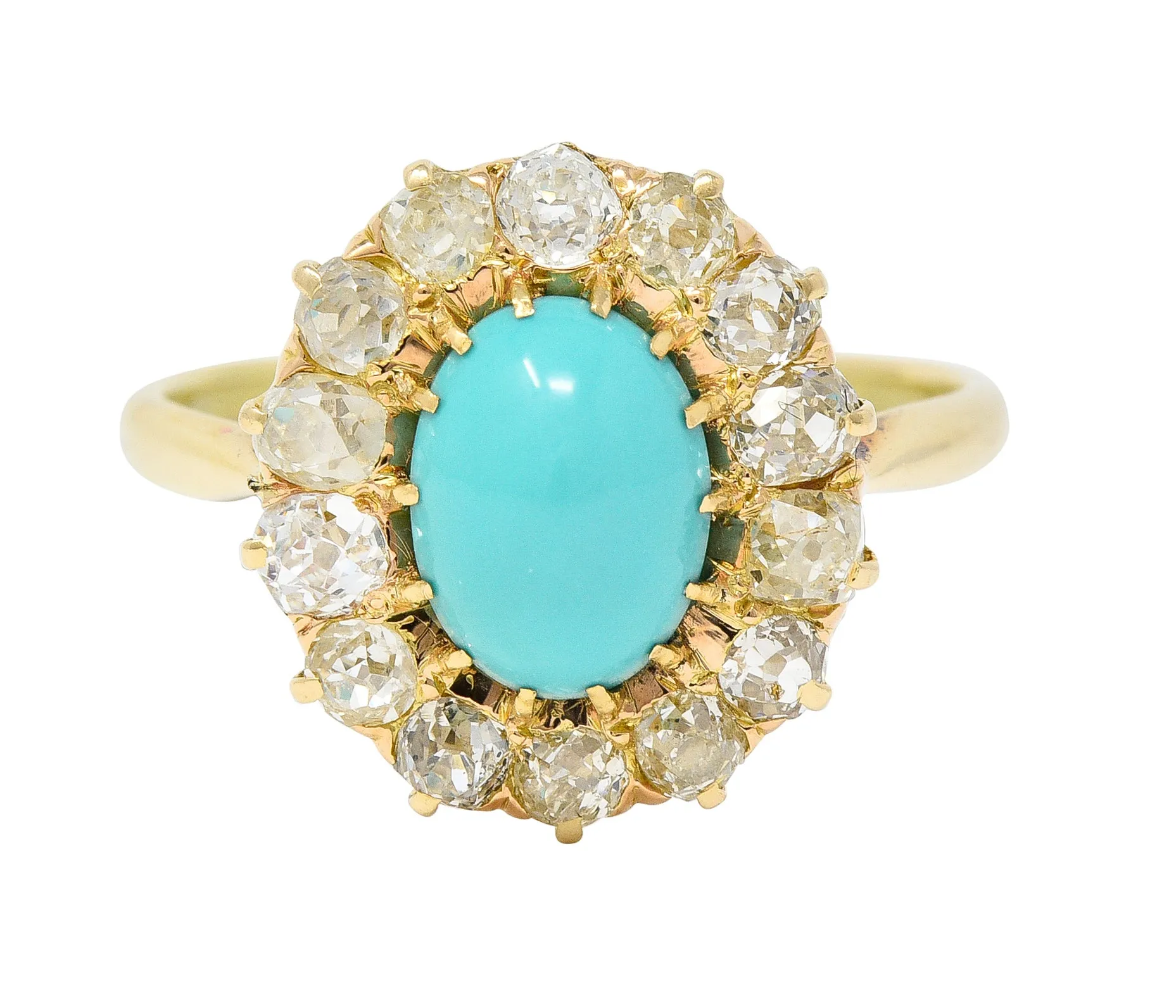 Victorian 1.12 CTW Turquoise Cabochon Old Mine Cut Diamond 14 Karat Yellow Gold Antique Halo Ring