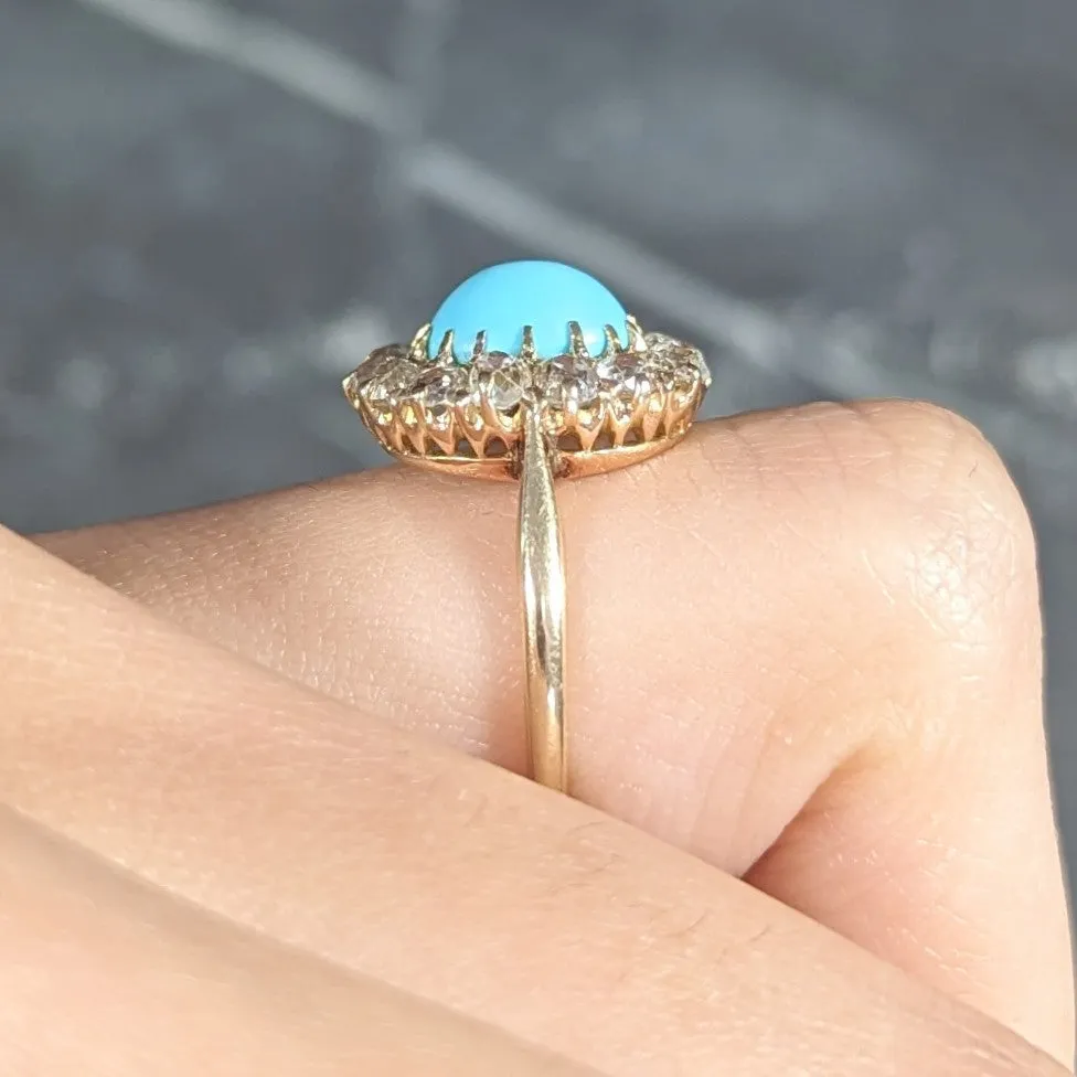 Victorian 1.12 CTW Turquoise Cabochon Old Mine Cut Diamond 14 Karat Yellow Gold Antique Halo Ring