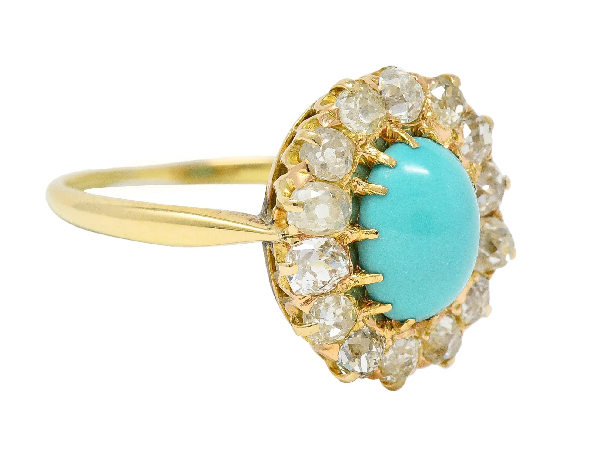 Victorian 1.12 CTW Turquoise Cabochon Old Mine Cut Diamond 14 Karat Yellow Gold Antique Halo Ring