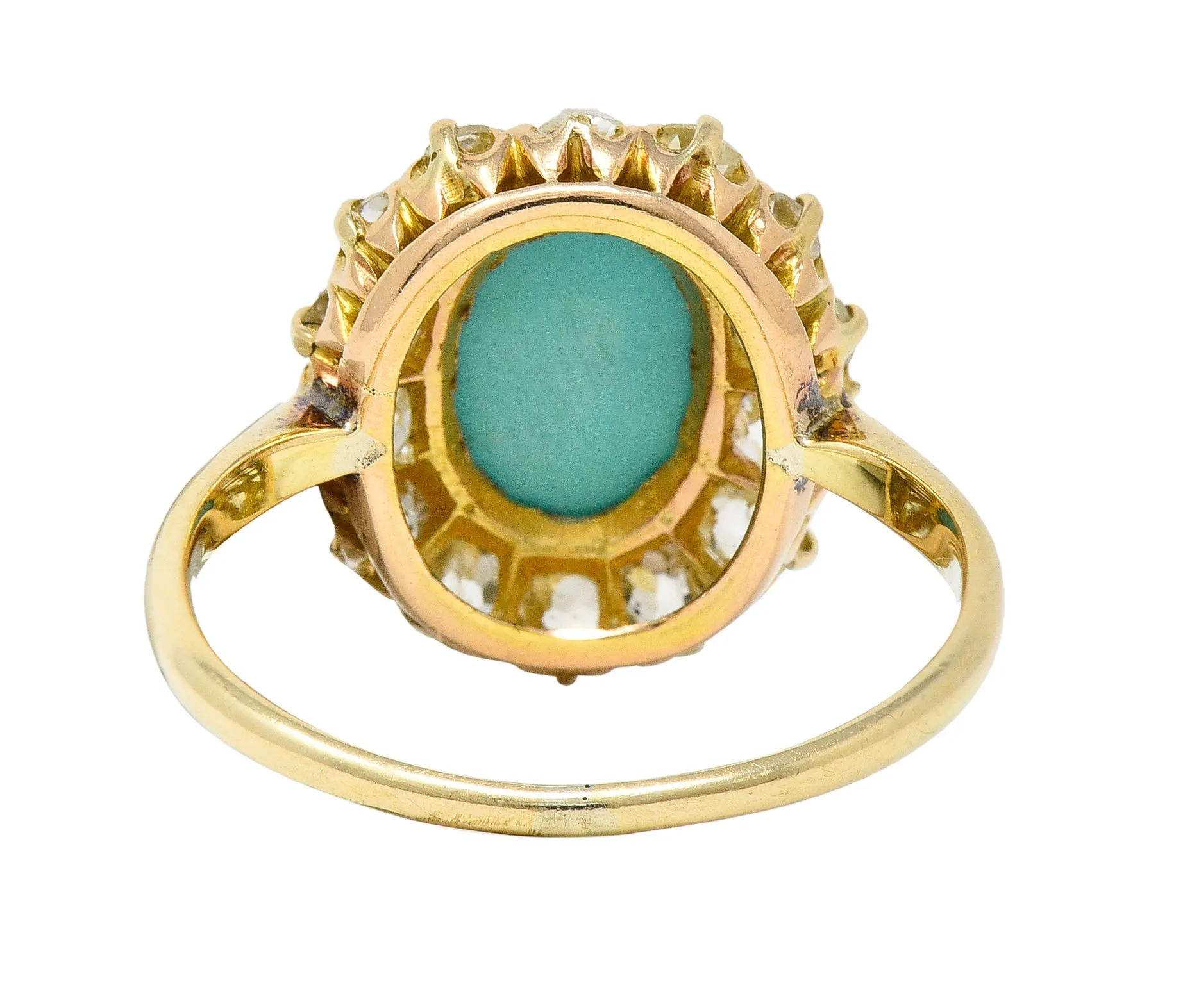 Victorian 1.12 CTW Turquoise Cabochon Old Mine Cut Diamond 14 Karat Yellow Gold Antique Halo Ring