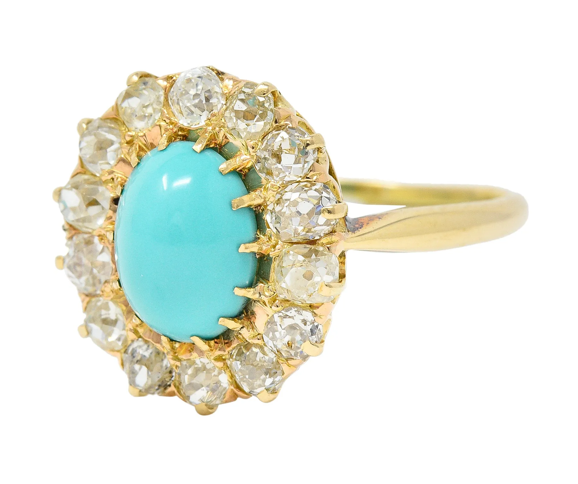 Victorian 1.12 CTW Turquoise Cabochon Old Mine Cut Diamond 14 Karat Yellow Gold Antique Halo Ring