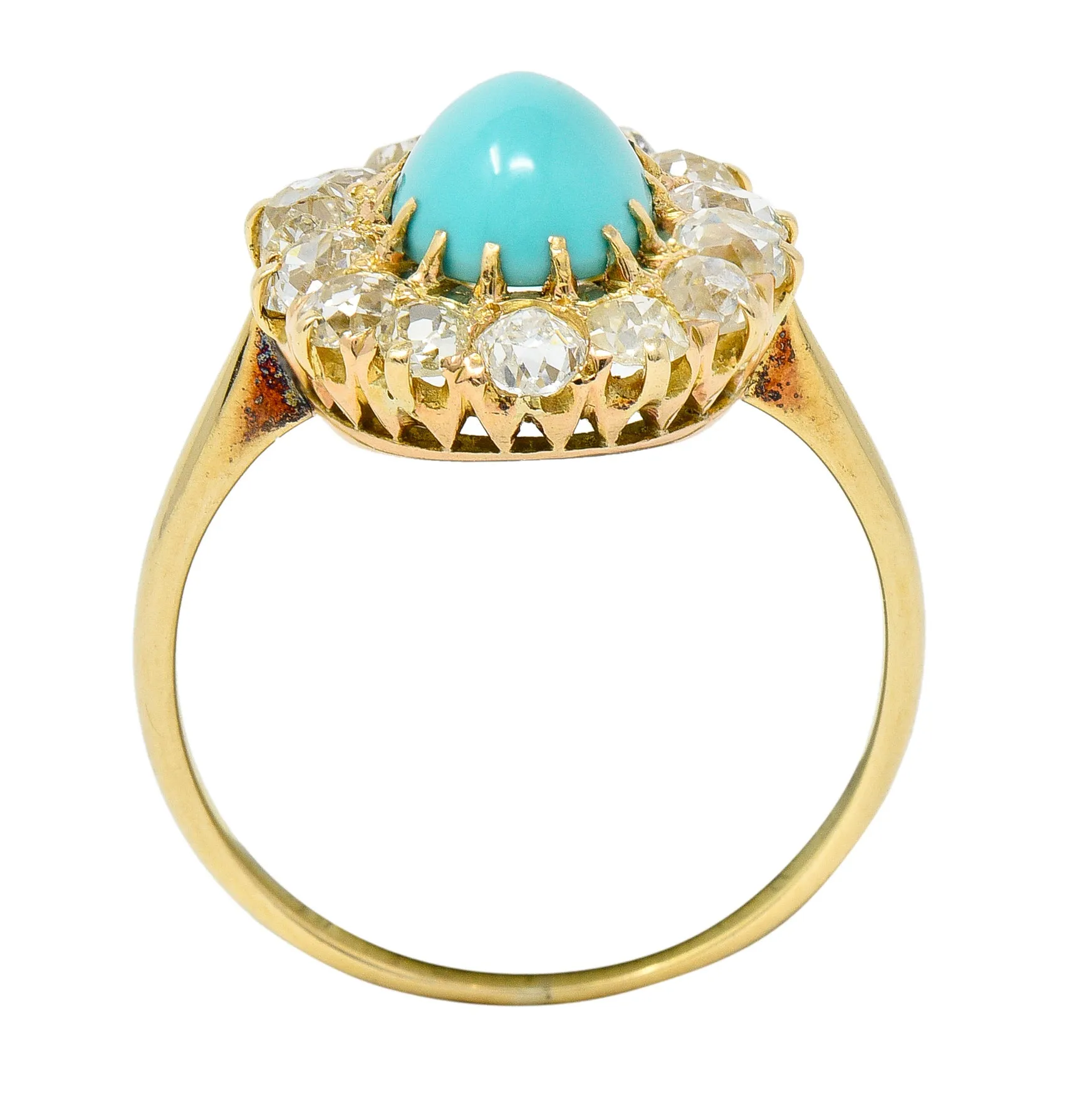 Victorian 1.12 CTW Turquoise Cabochon Old Mine Cut Diamond 14 Karat Yellow Gold Antique Halo Ring