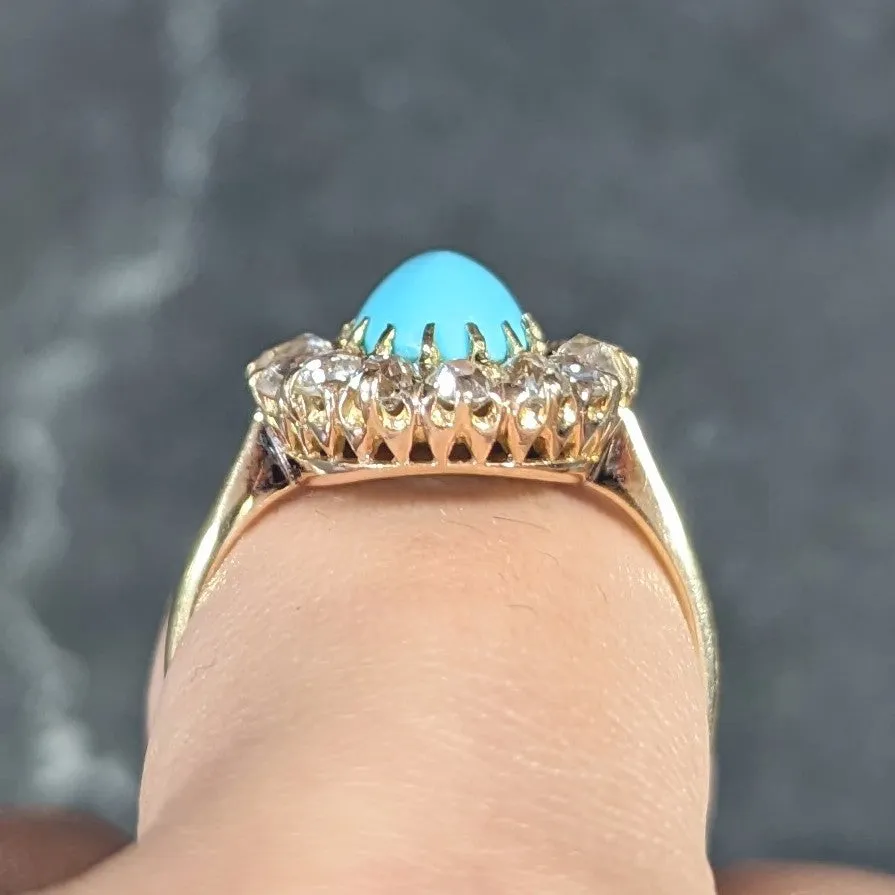 Victorian 1.12 CTW Turquoise Cabochon Old Mine Cut Diamond 14 Karat Yellow Gold Antique Halo Ring