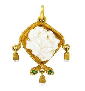 Victorian Baroque Pearl Demantoid Garnet 18 Karat Gold Snake Pendant Charm