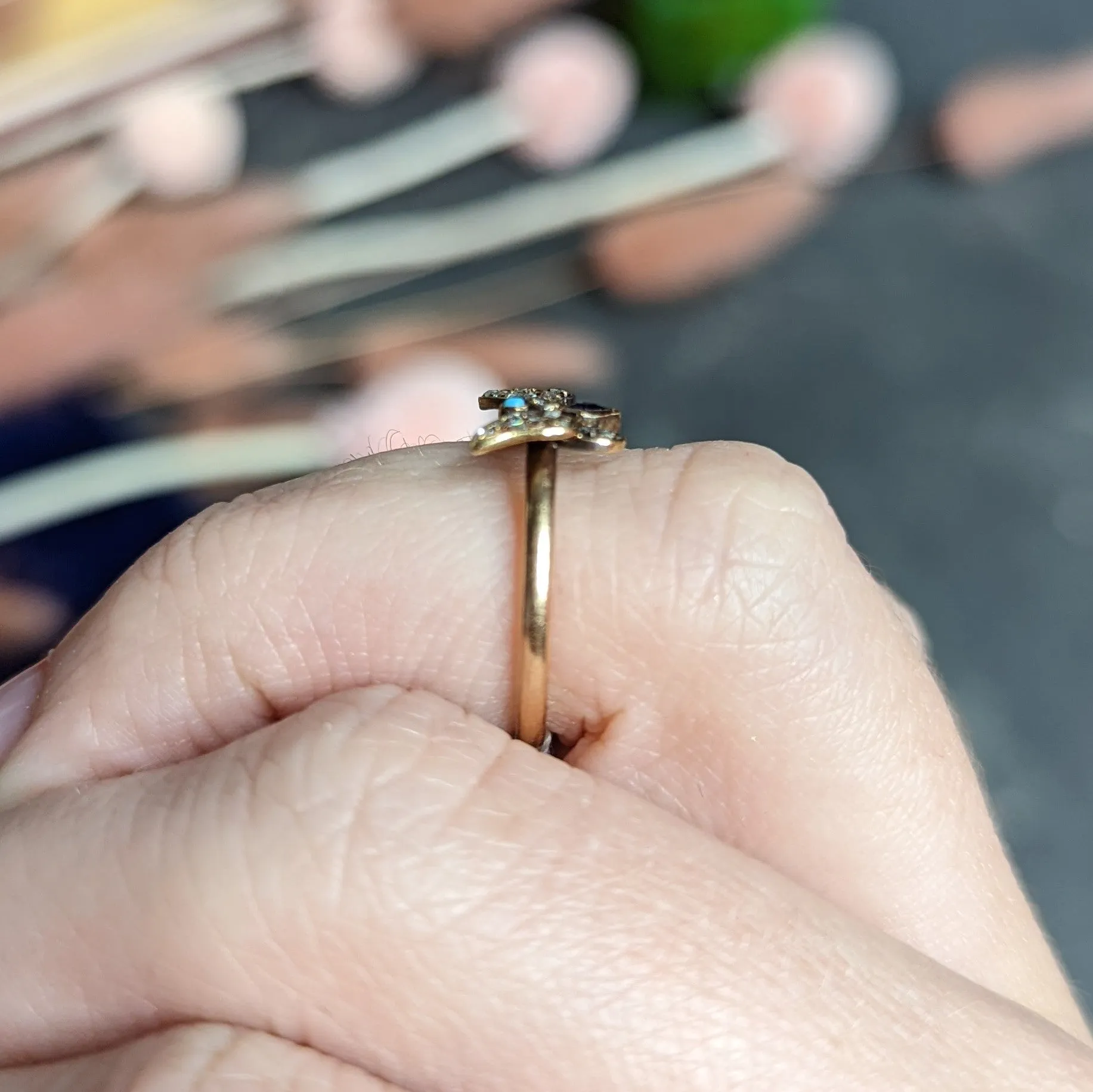 Victorian Diamond Sapphire Turquoise 14 & 18 Karat Rose Gold Butterfly Ring