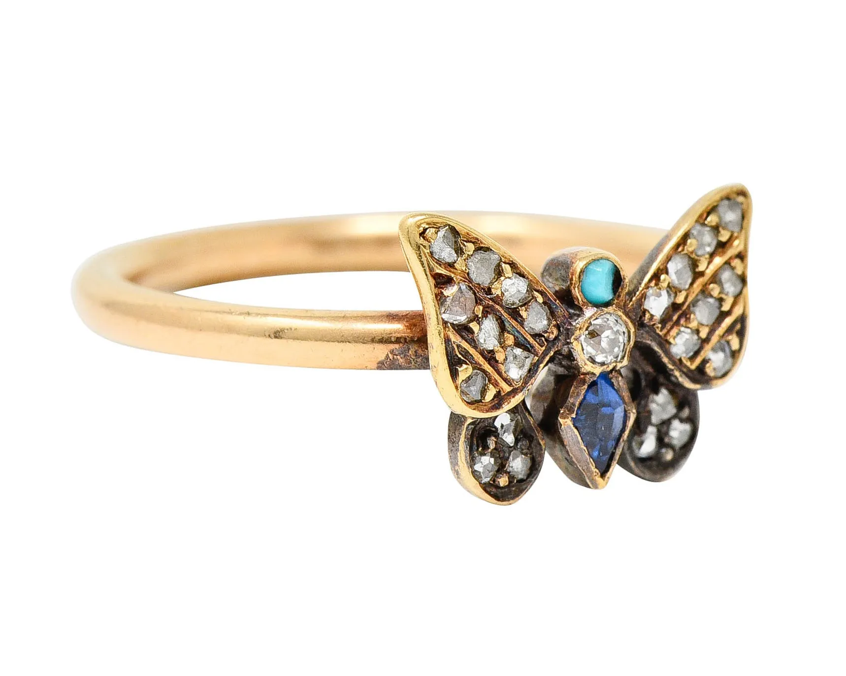 Victorian Diamond Sapphire Turquoise 14 & 18 Karat Rose Gold Butterfly Ring