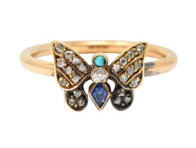 Victorian Diamond Sapphire Turquoise 14 & 18 Karat Rose Gold Butterfly Ring