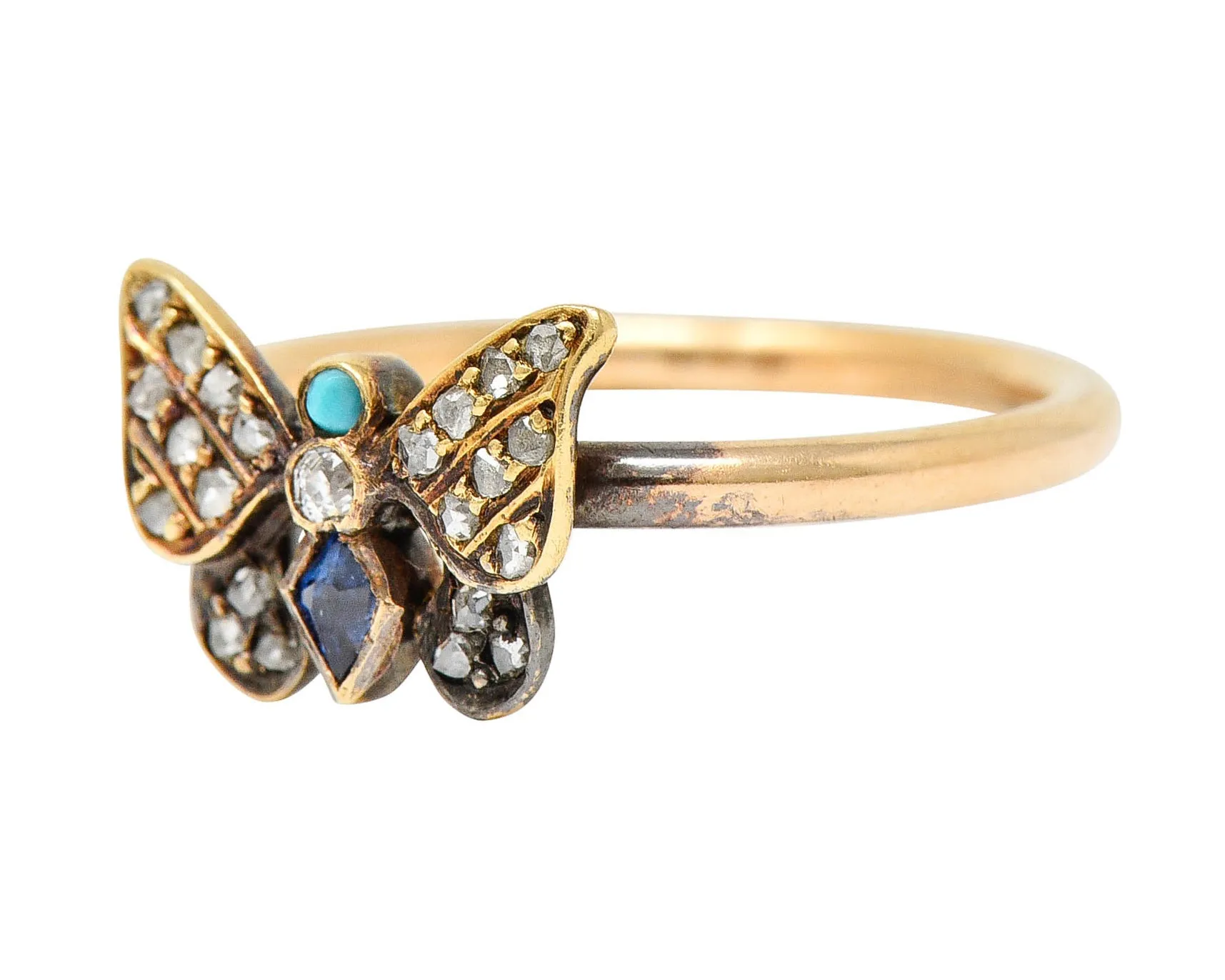 Victorian Diamond Sapphire Turquoise 14 & 18 Karat Rose Gold Butterfly Ring