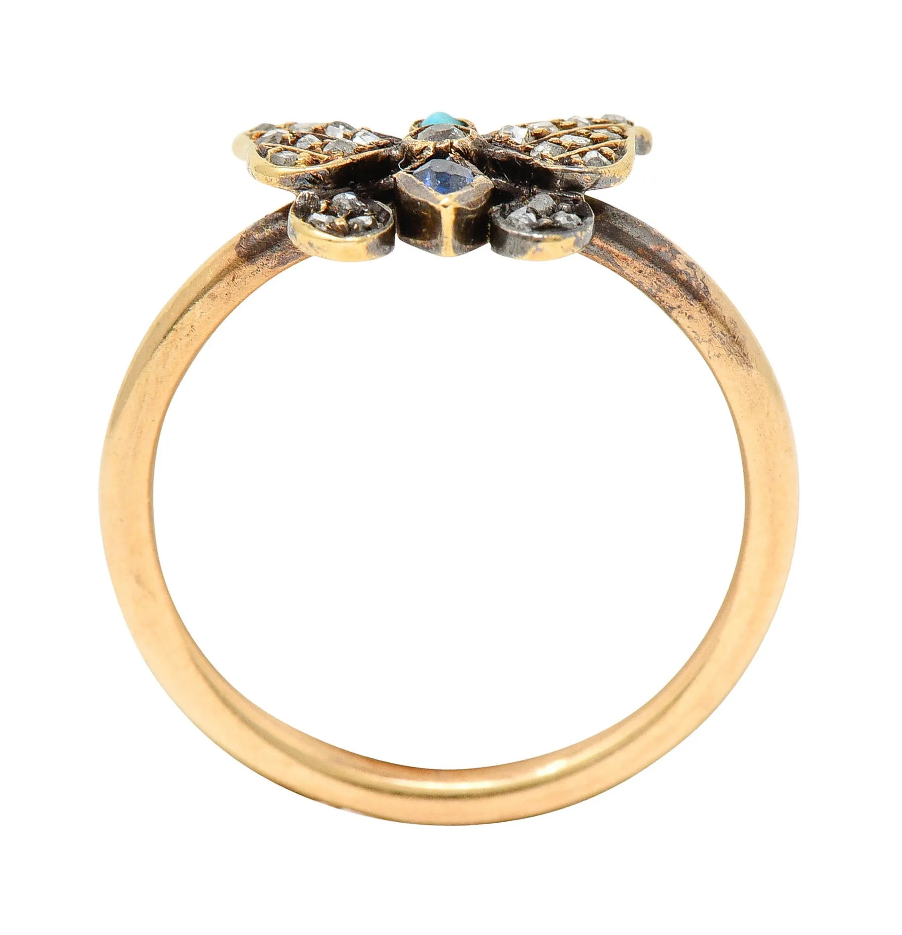 Victorian Diamond Sapphire Turquoise 14 & 18 Karat Rose Gold Butterfly Ring