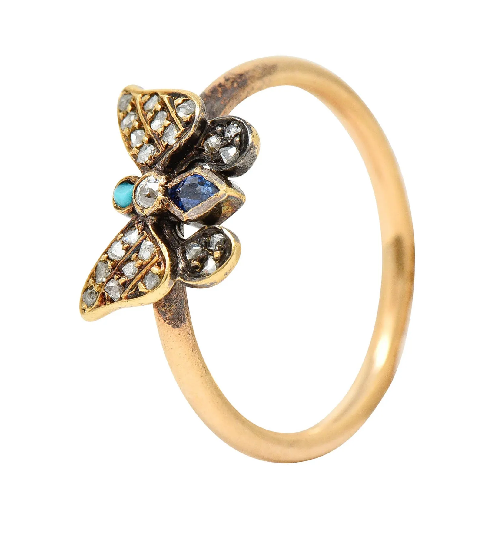 Victorian Diamond Sapphire Turquoise 14 & 18 Karat Rose Gold Butterfly Ring