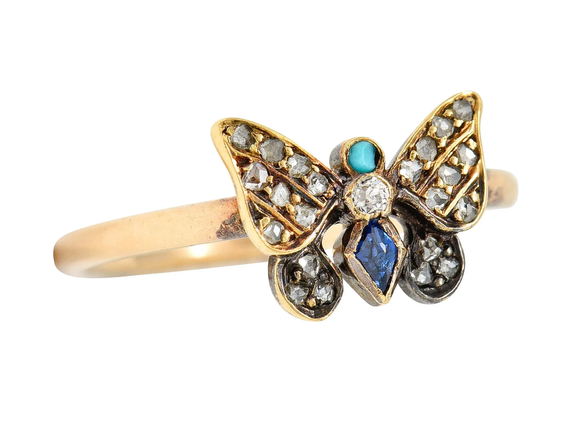 Victorian Diamond Sapphire Turquoise 14 & 18 Karat Rose Gold Butterfly Ring