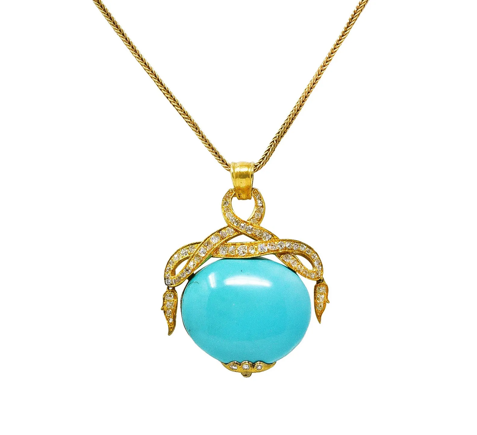 Victorian Etruscan Revival 1.15 CTW Old Mine Cut Diamond Turquoise 18 Karat Yellow Gold Antique Pendant Necklace