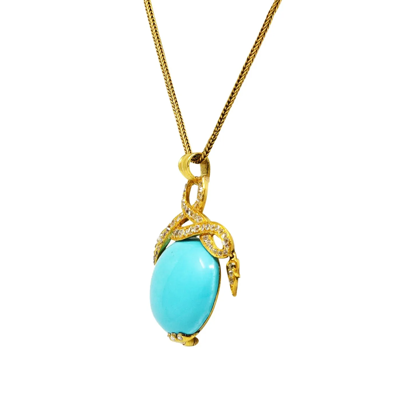 Victorian Etruscan Revival 1.15 CTW Old Mine Cut Diamond Turquoise 18 Karat Yellow Gold Antique Pendant Necklace