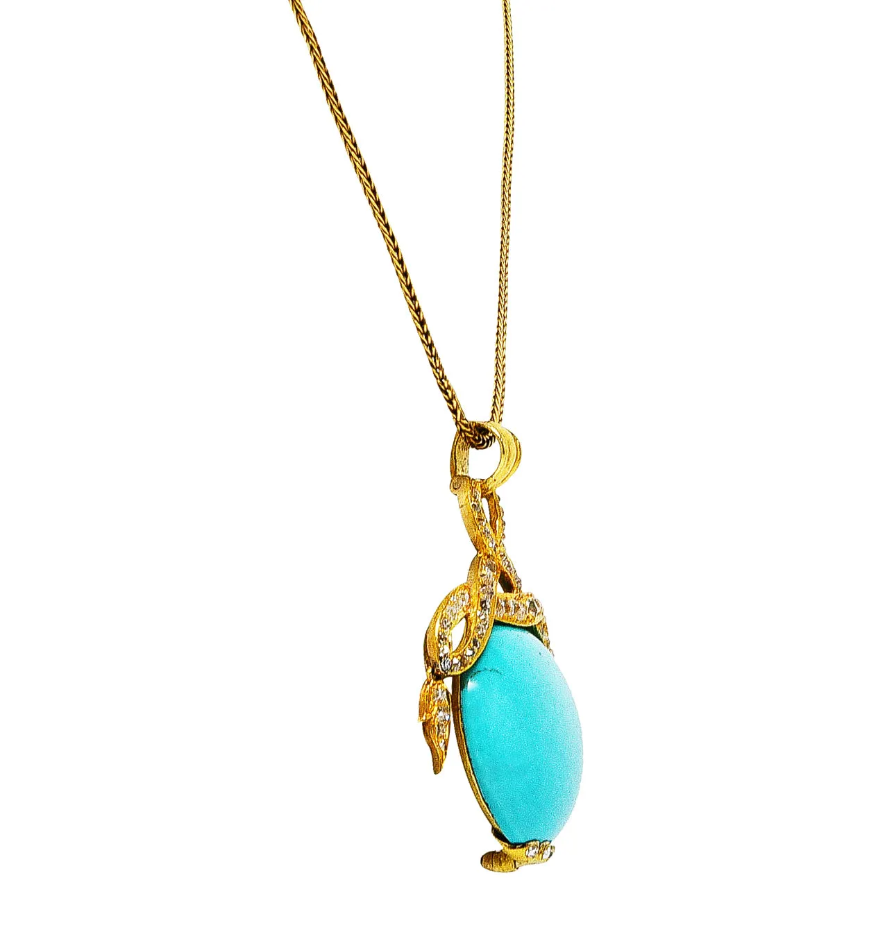 Victorian Etruscan Revival 1.15 CTW Old Mine Cut Diamond Turquoise 18 Karat Yellow Gold Antique Pendant Necklace