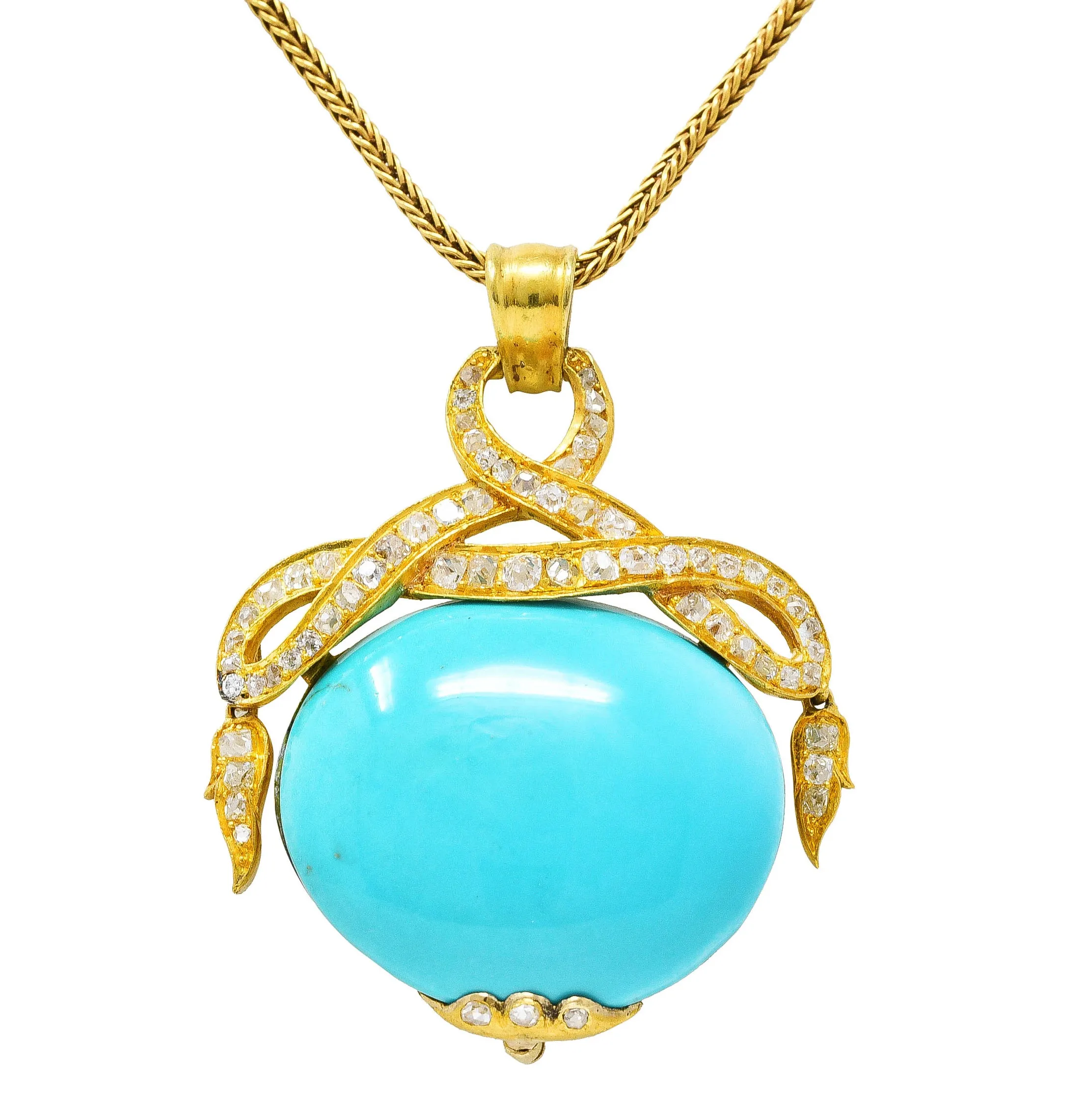 Victorian Etruscan Revival 1.15 CTW Old Mine Cut Diamond Turquoise 18 Karat Yellow Gold Antique Pendant Necklace