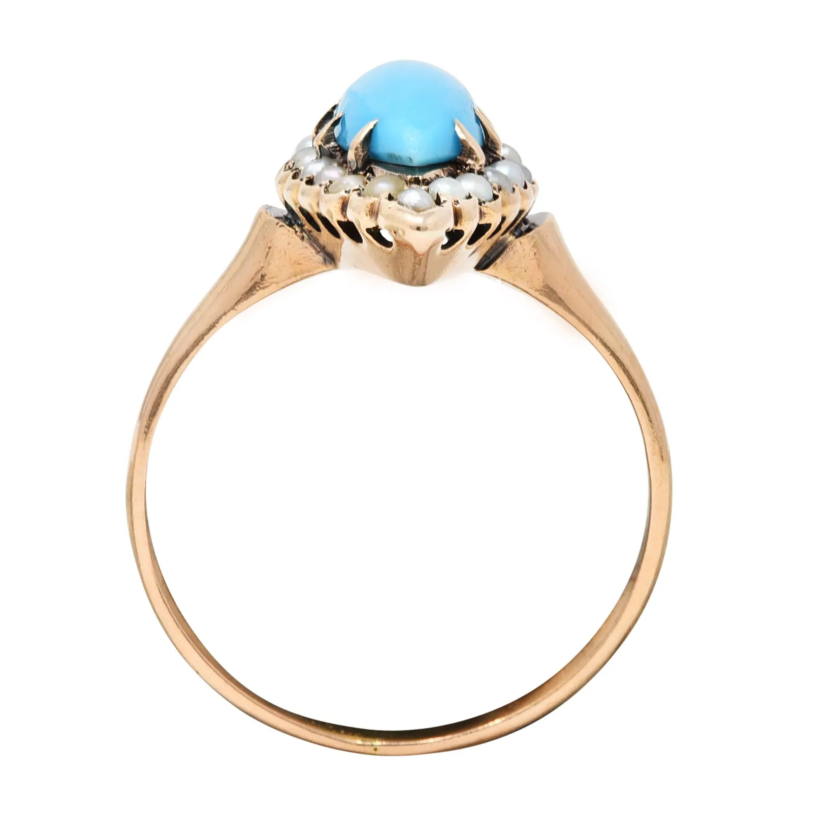 Victorian Turquoise Pearl 10 Karat Rose Gold Antique Navette Halo Ring