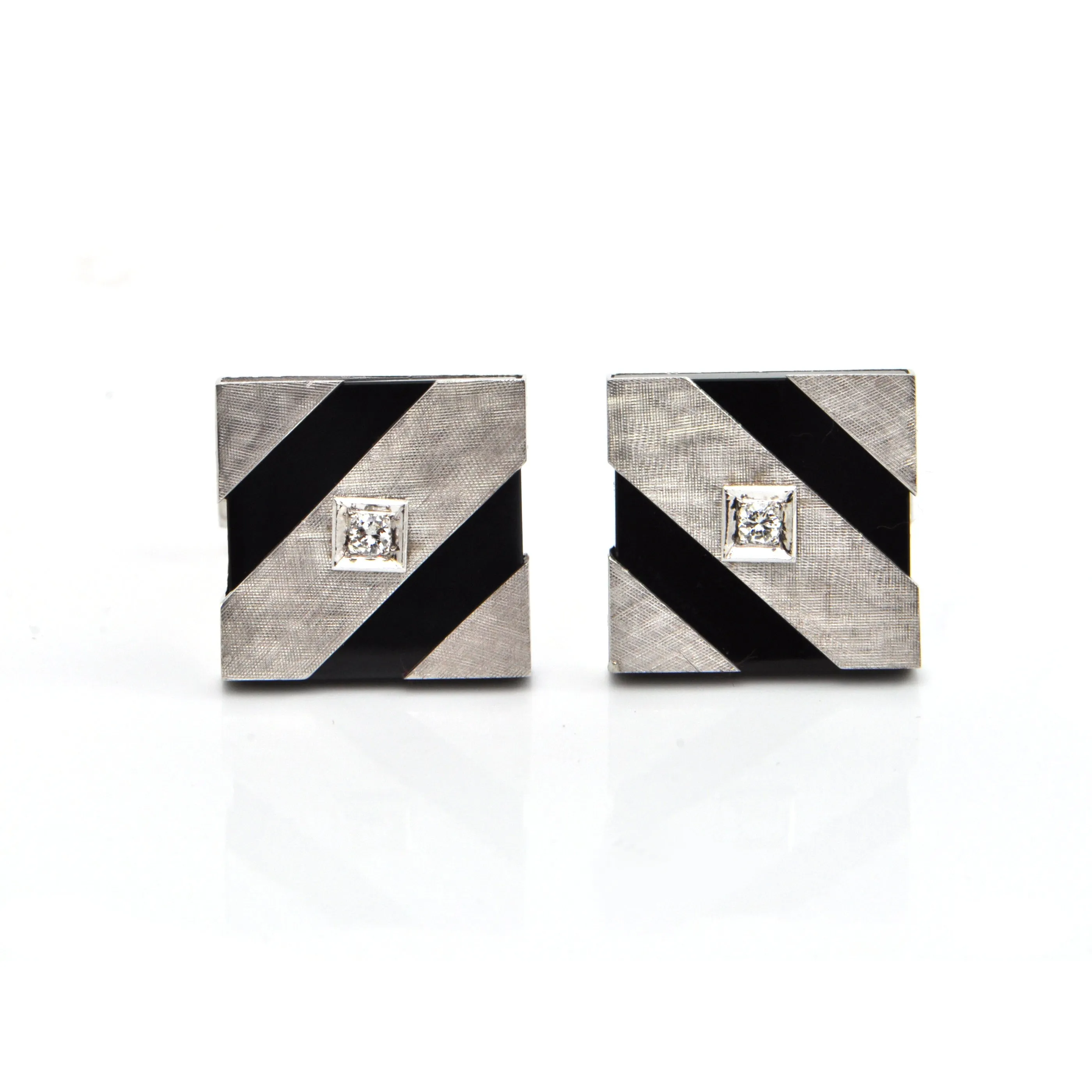 Vintage 14K  White Gold and Onyx Cufflinks with 0.16CT in Diamonds