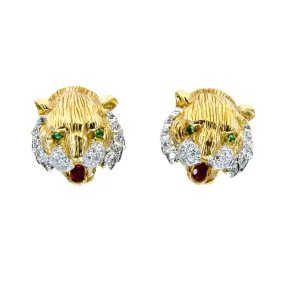 Vintage Diamond Ruby & Emerald Lion Head Cufflinks