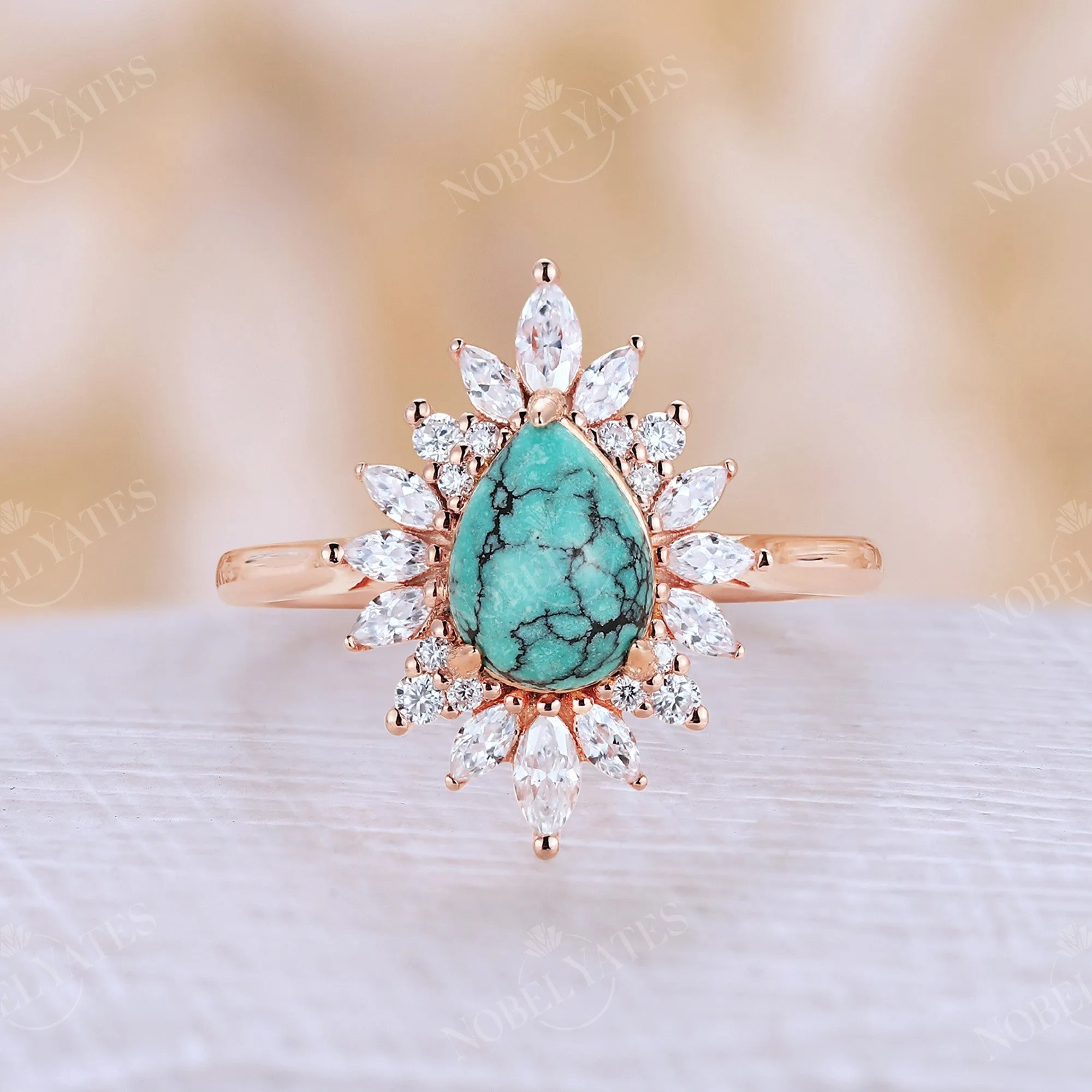 Vintage Pear Turquoise Halo Engagement Ring Rose Gold