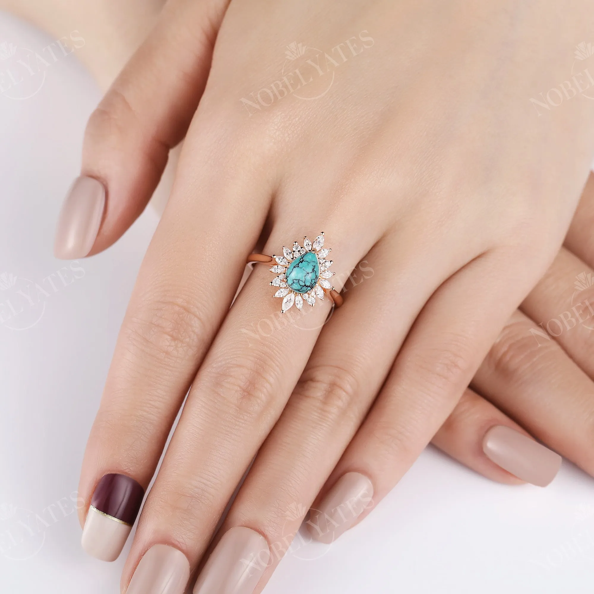 Vintage Pear Turquoise Halo Engagement Ring Rose Gold