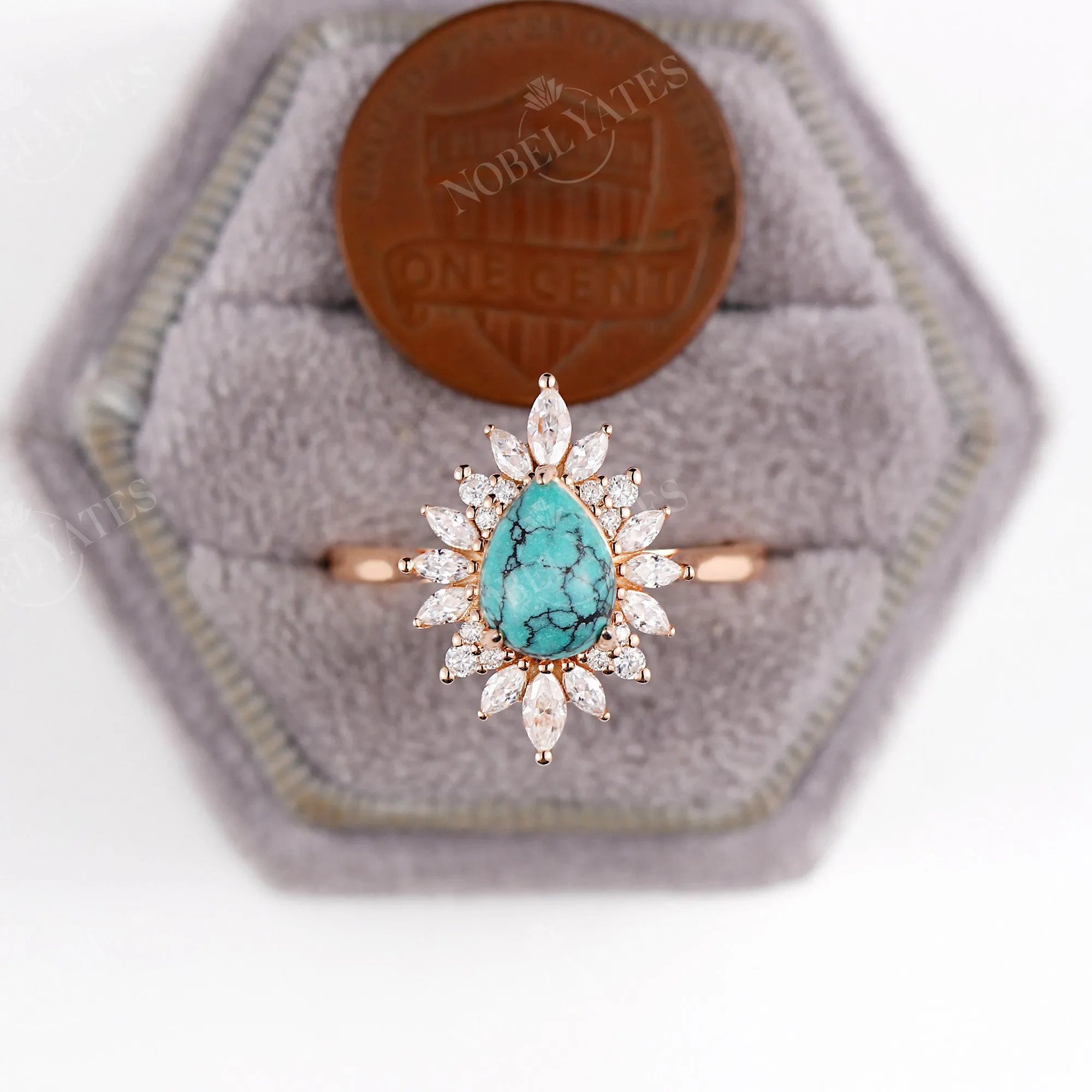 Vintage Pear Turquoise Halo Engagement Ring Rose Gold