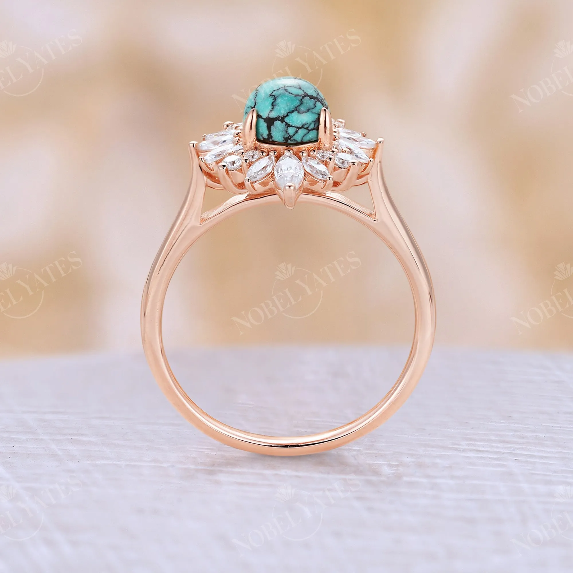 Vintage Pear Turquoise Halo Engagement Ring Rose Gold